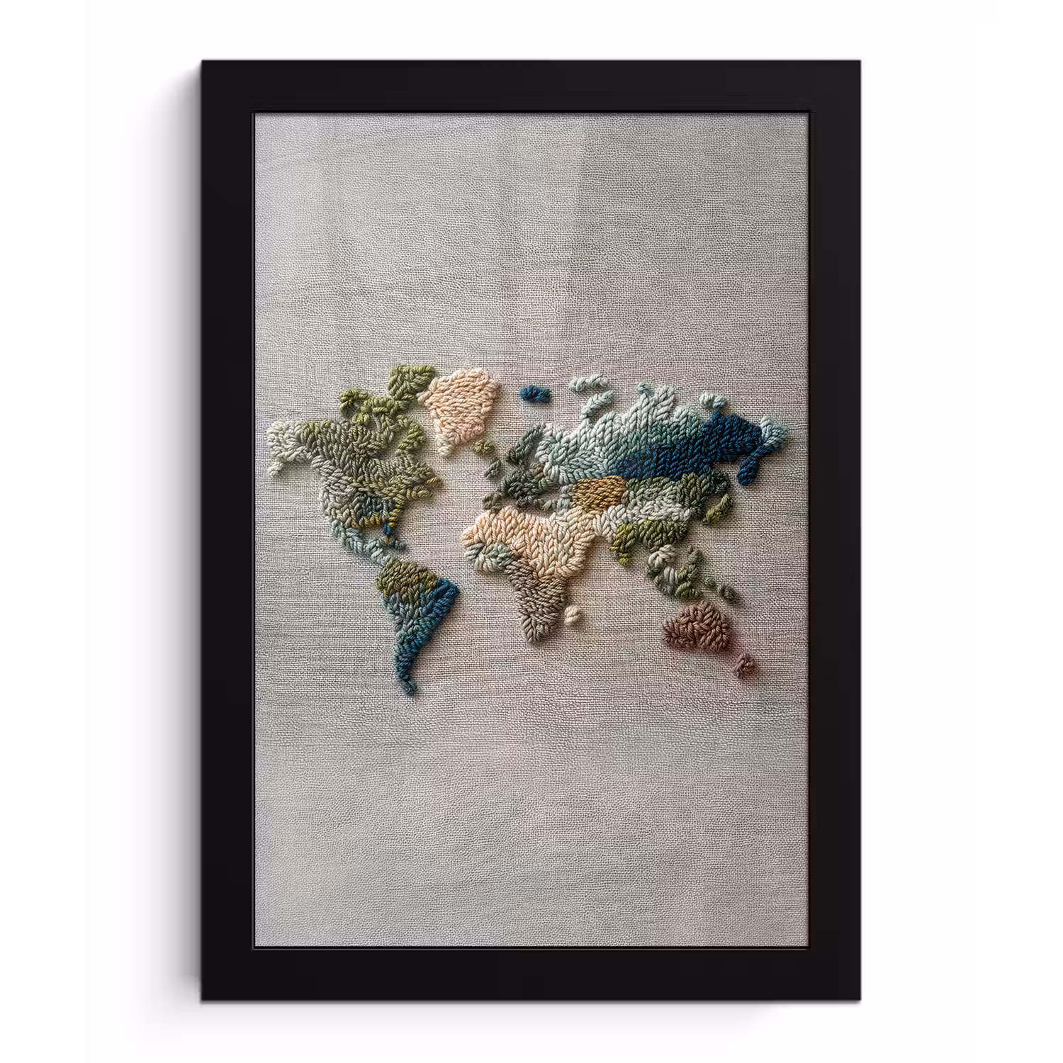 Wereldkaart - Geborduurd - Aardetinten fotolijst zwart zonder passe partout klein -3d