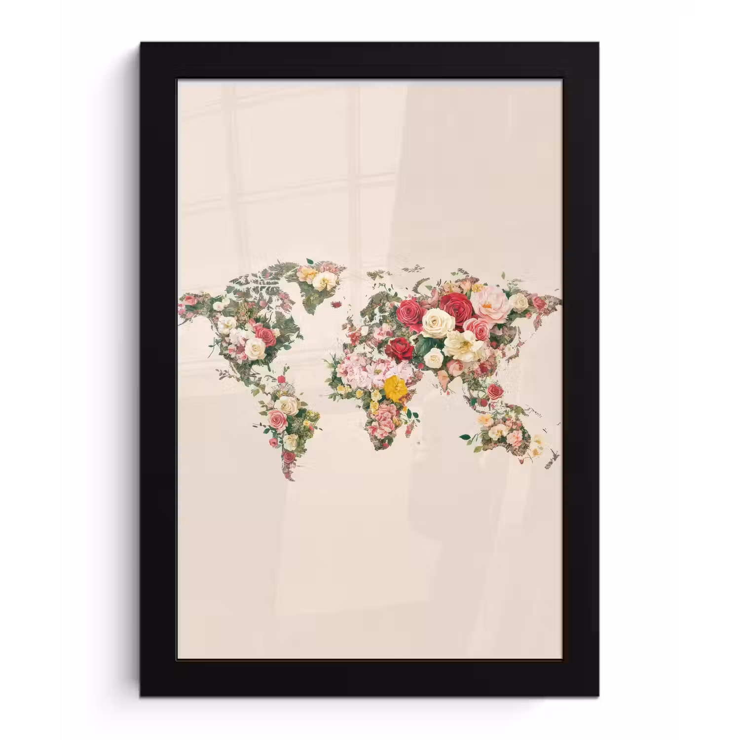Wereldkaart - Bloemen - Roze fotolijst zwart zonder passe partout klein -3d
