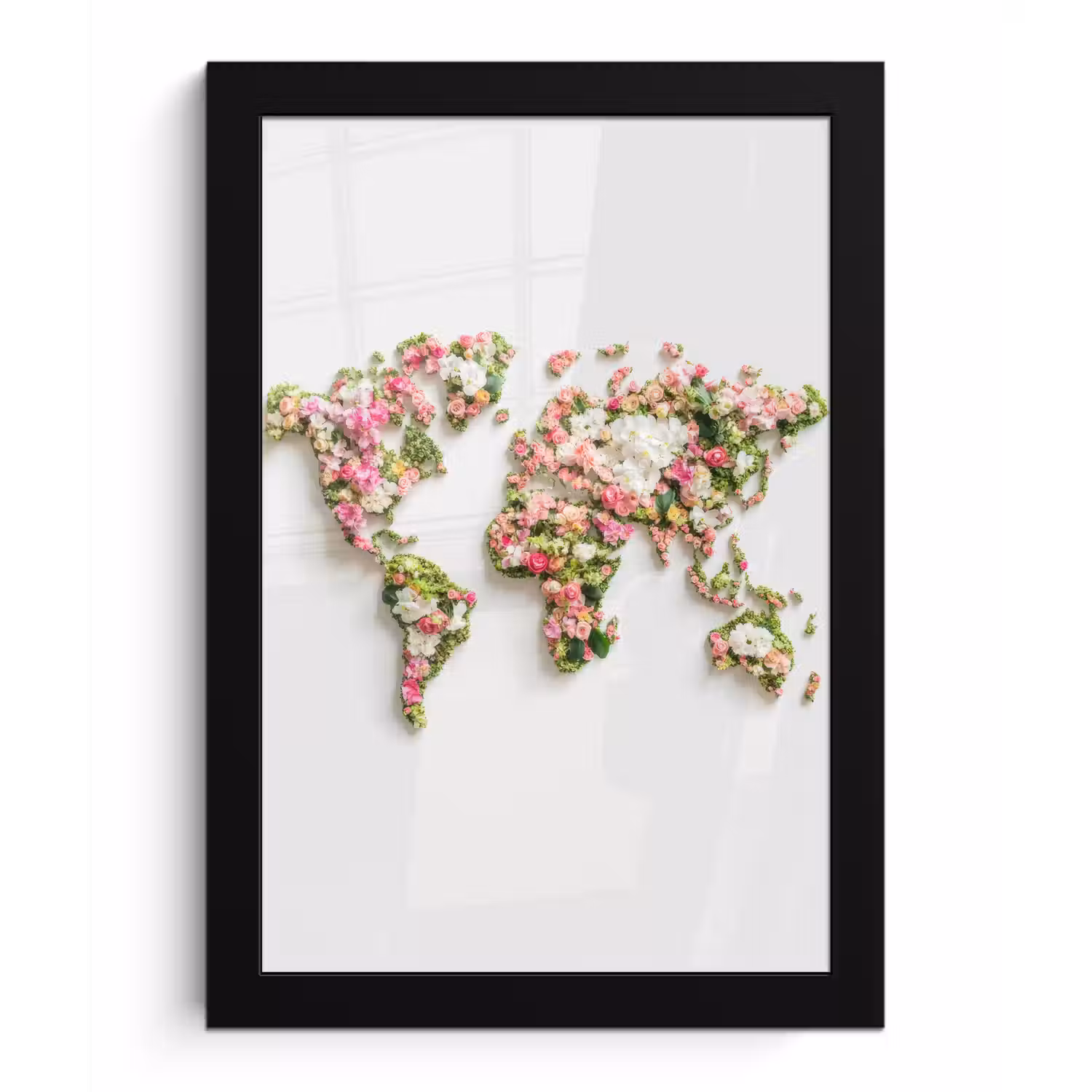 Wereldkaart - Bloemen - Subtiel fotolijst zwart zonder passe partout klein -3d