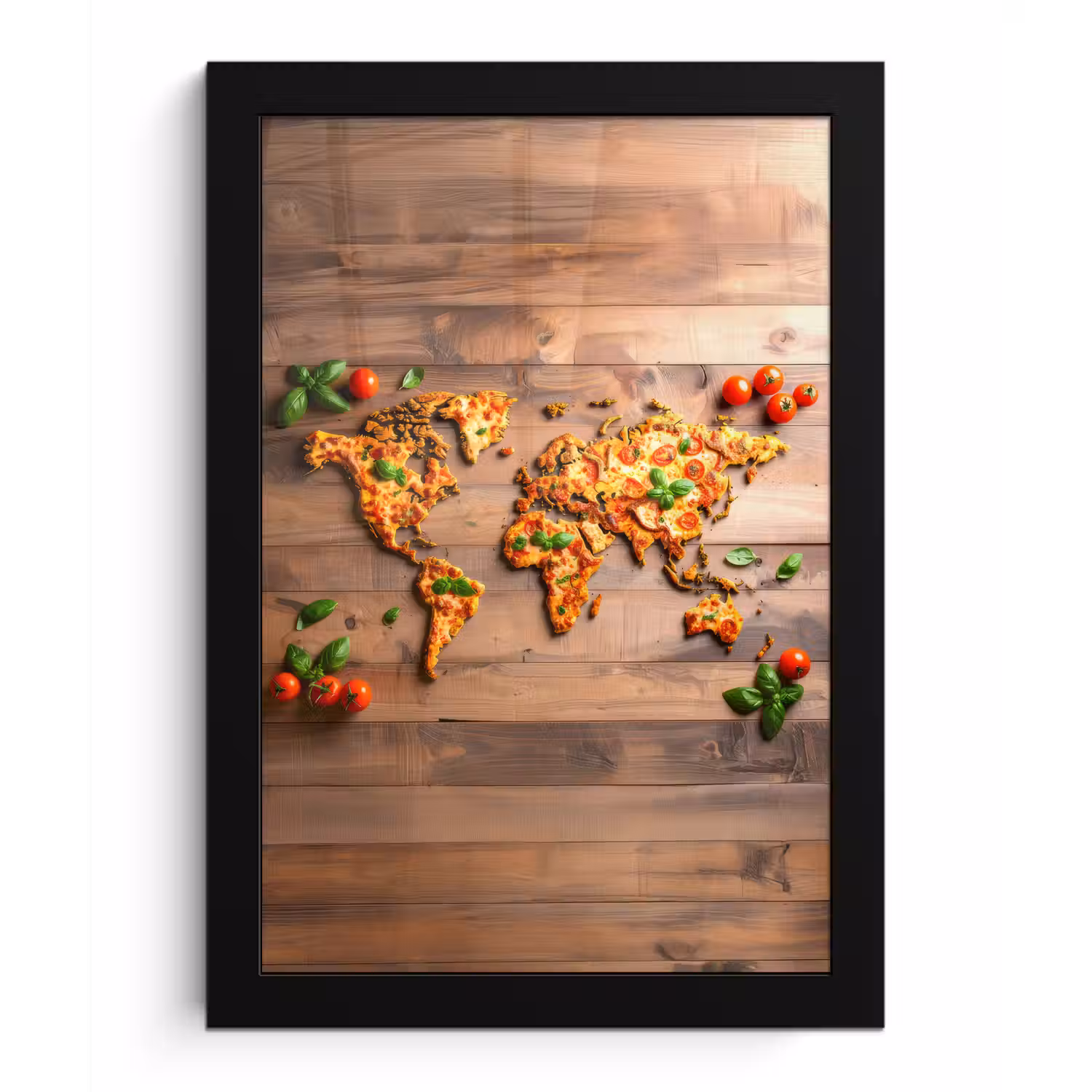 Wereldkaart - Pizza - Houten ondergrond fotolijst zwart zonder passe partout klein -3d
