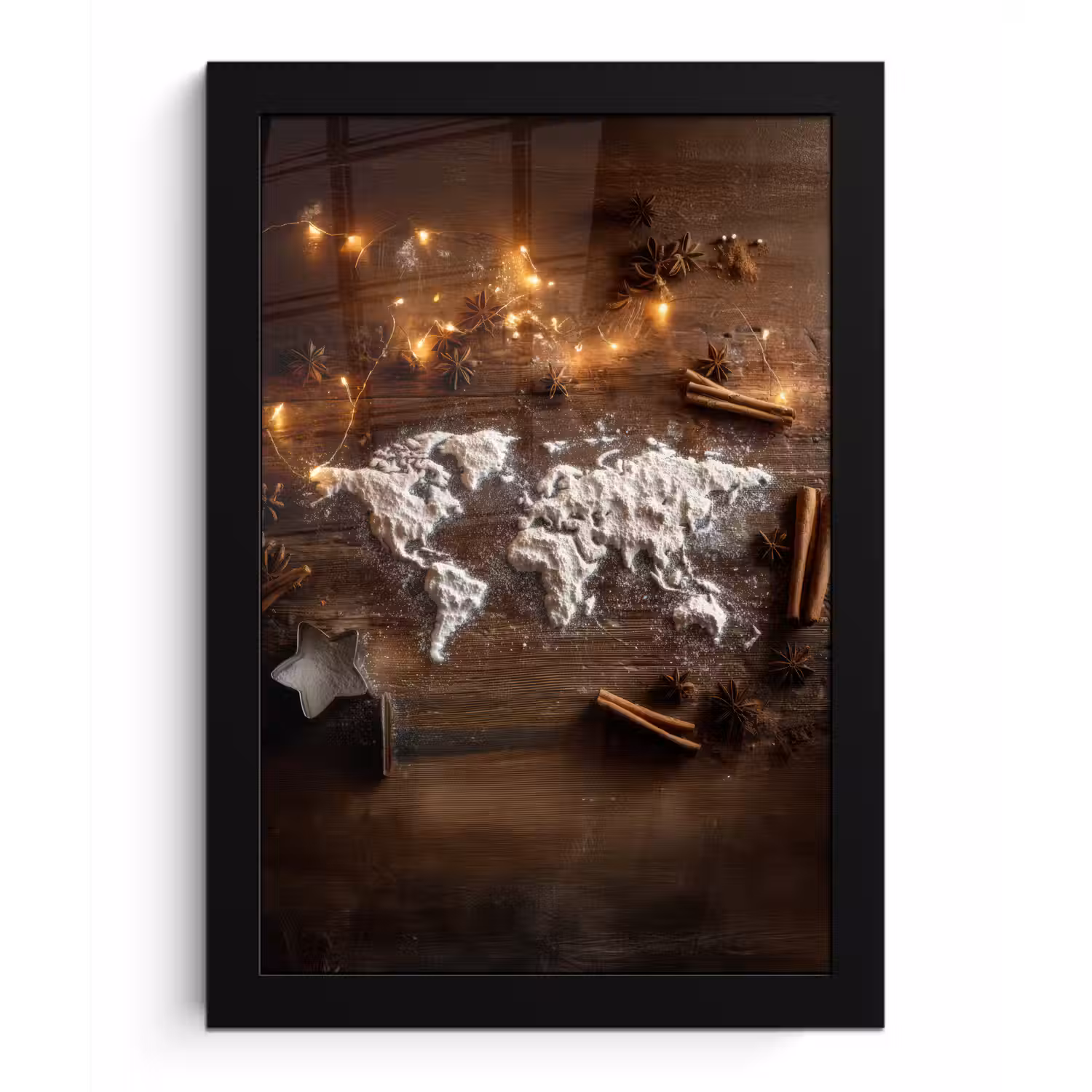 Wereldkaart - Poedersuiker - Hout fotolijst zwart zonder passe partout klein -3d
