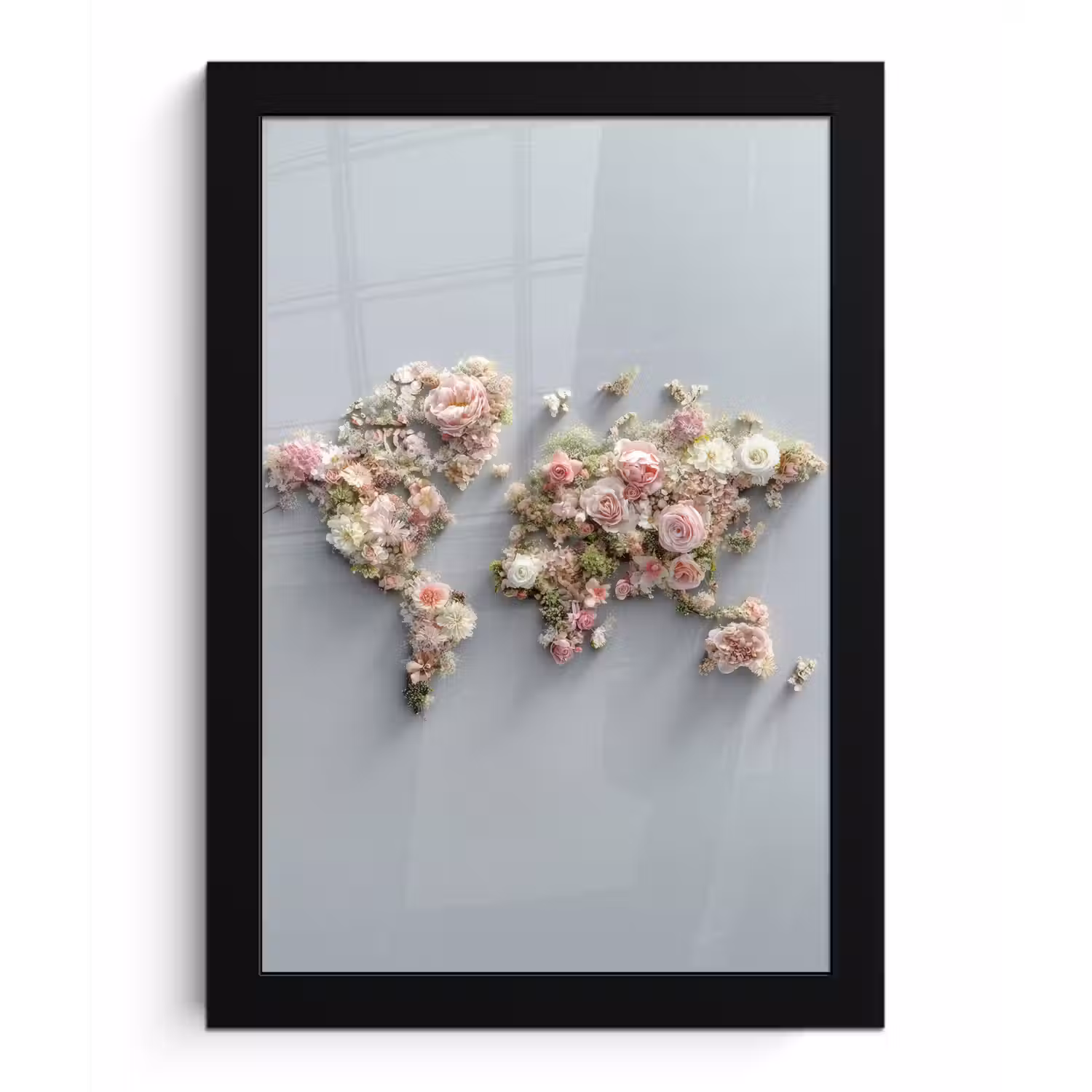 Wereldkaart - Rozen - Roze fotolijst zwart zonder passe partout klein -3d