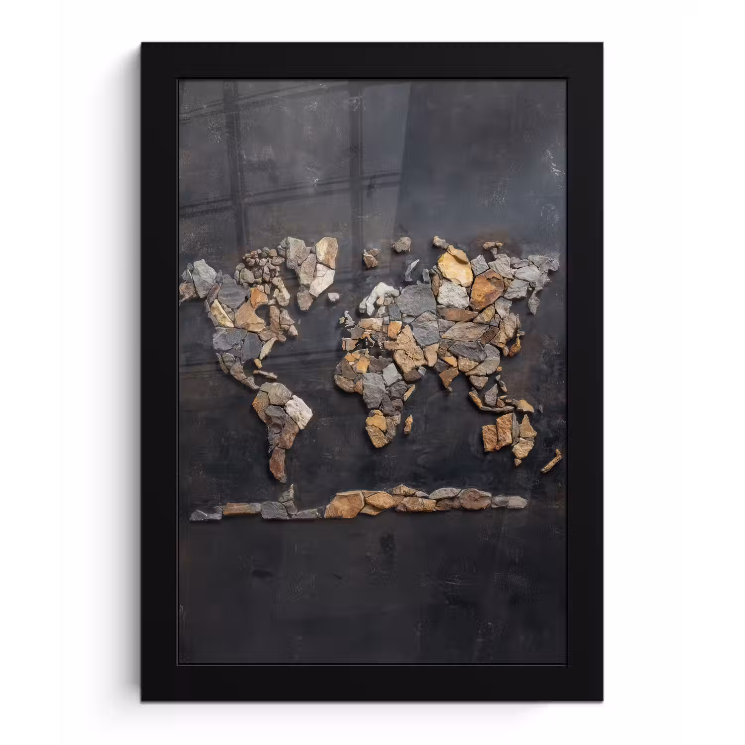 Wereldkaart - Stenen - Realistisch fotolijst zwart zonder passe partout klein -3d