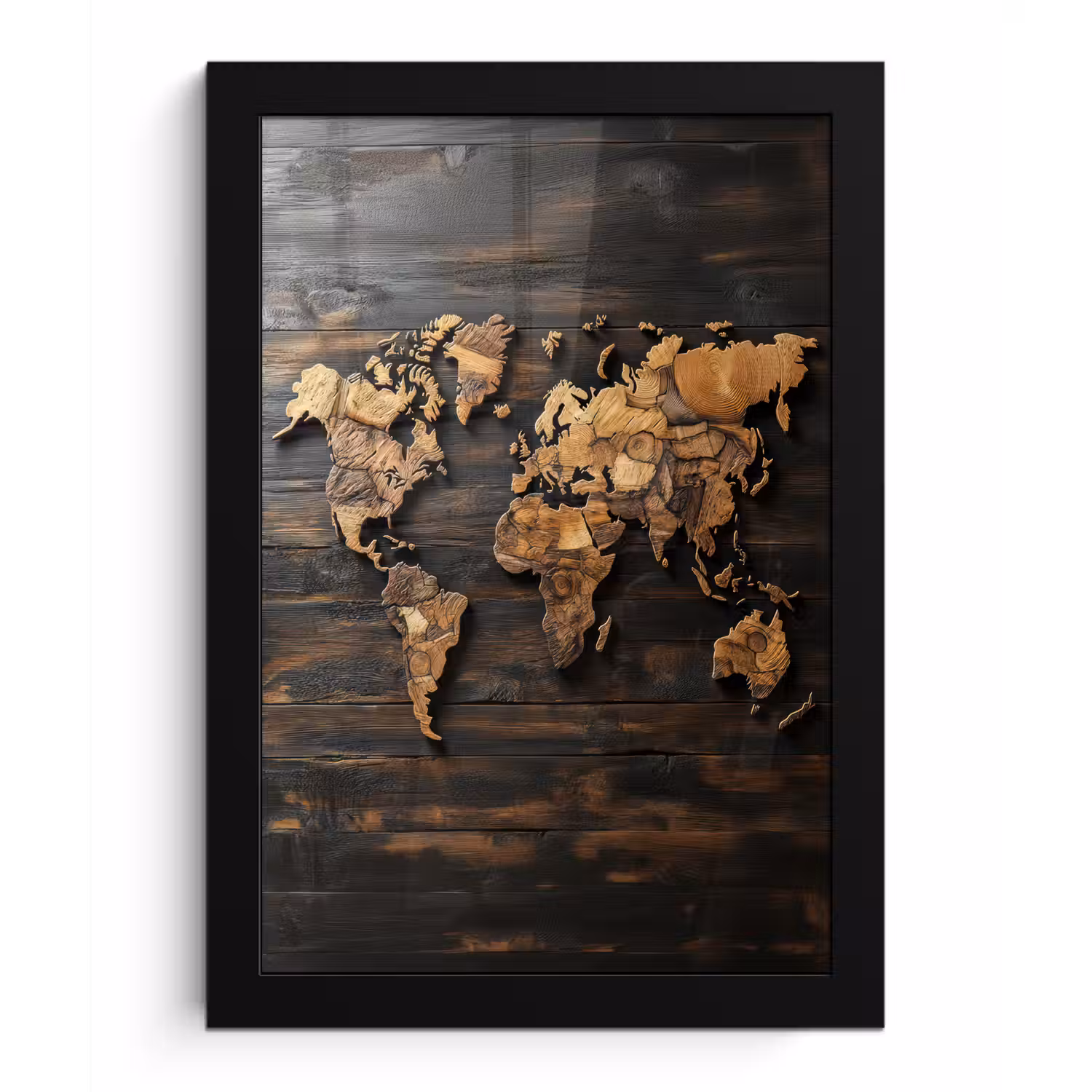 Wereldkaart - Hout - Mozaïek fotolijst zwart zonder passe partout klein -3d