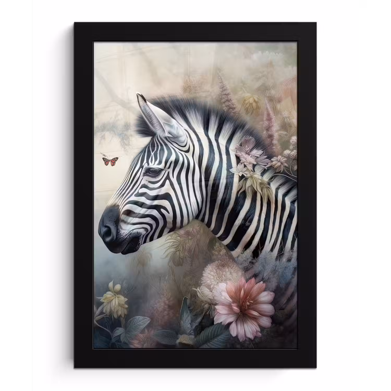 Zebra - Wilde dieren - Vlinder - Bloemen fotolijst zwart zonder passe partout klein -3d