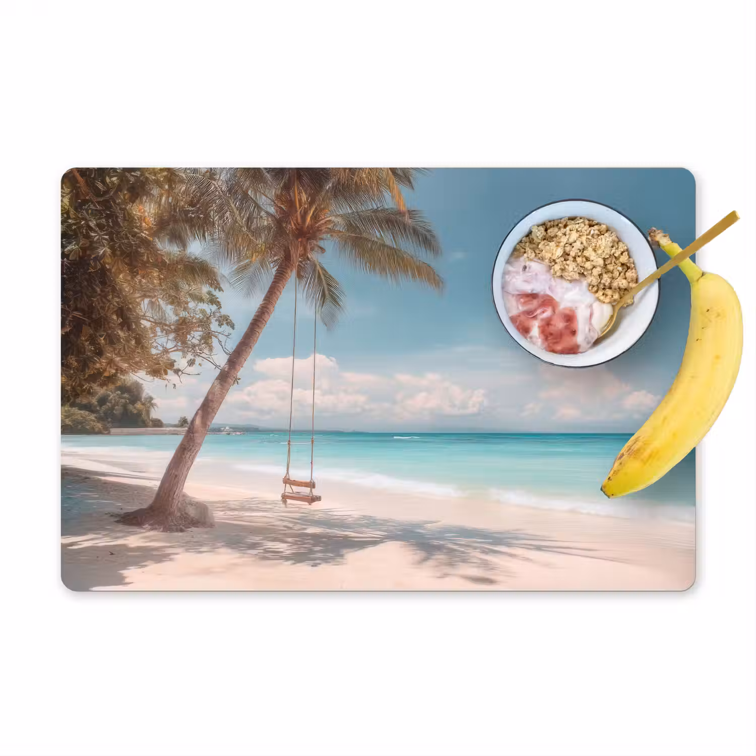Palmboom - Schommel - Strand - Lucht Placemat vinyl groot -zzzproduct_Kitchenyeah-website