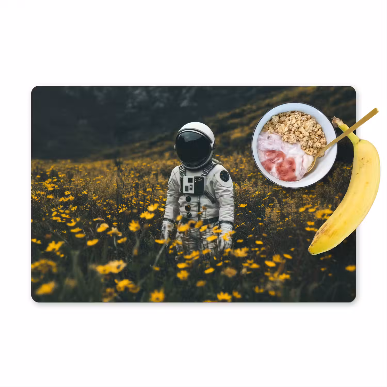 Astronaut - Bloemen - Veld - Geel Placemat vinyl groot -zzzproduct_Kitchenyeah-website