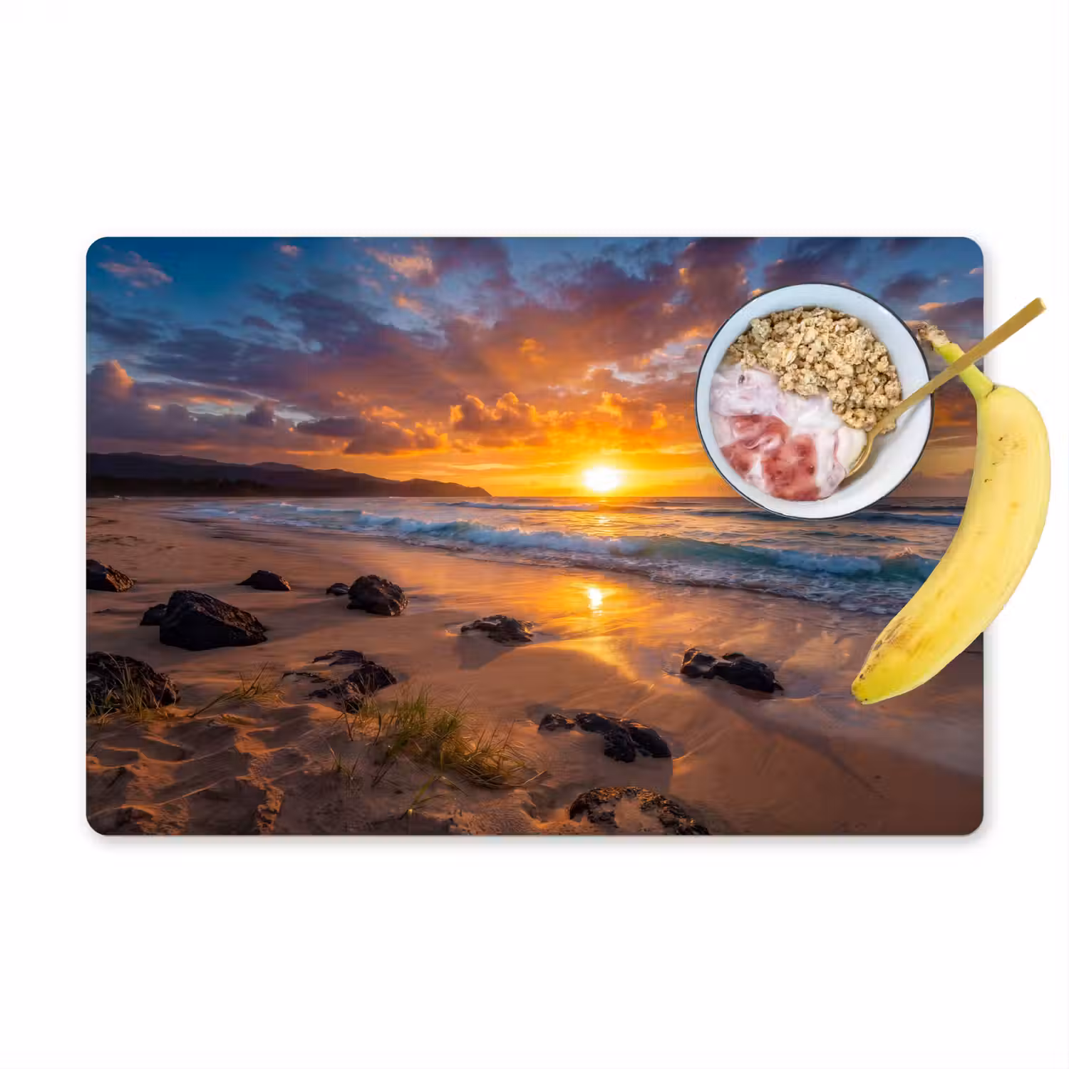 Strand - Zonsondergang - Golven - Natuur - Oranje Placemat vinyl groot -zzzproduct_Kitchenyeah-website