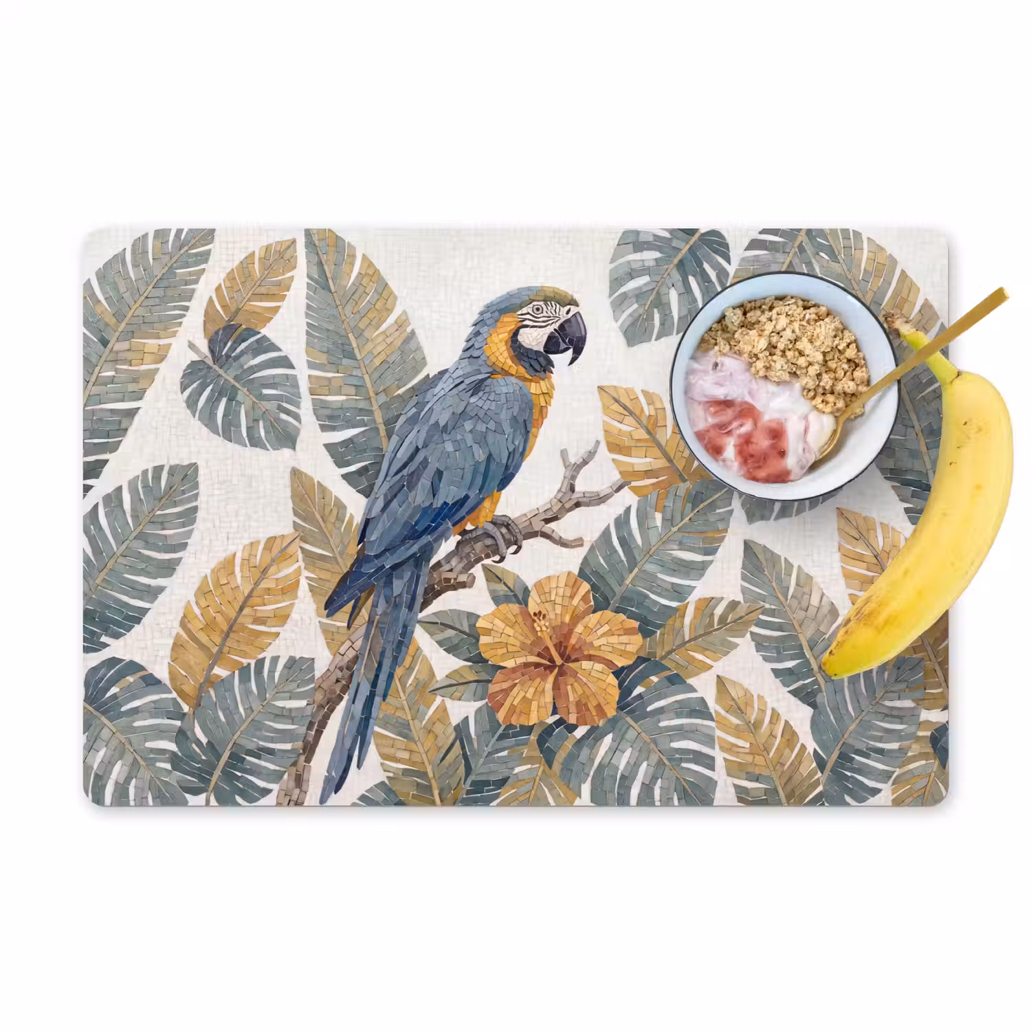 Vogel - Tak - Natuur - Mozaïek - Blauw Placemat vinyl groot -zzzproduct_Kitchenyeah-website
