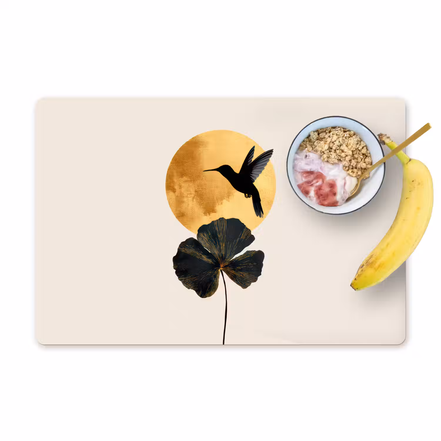 Zwarte kolibrie - Bloem - Gouden cirkel Placemat vinyl groot -zzzproduct_Kitchenyeah-website