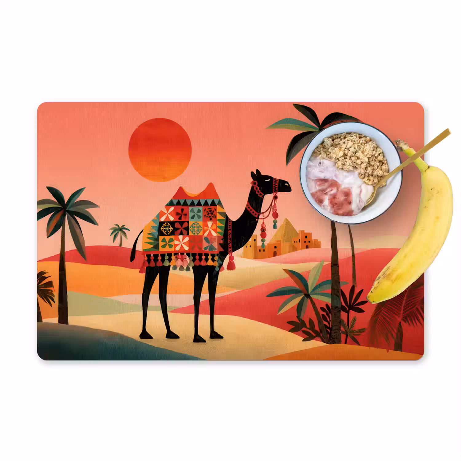 Kameel - Gekleurd tapijt - Duinen - Rode zon Placemat vinyl groot -zzzproduct_Kitchenyeah-website