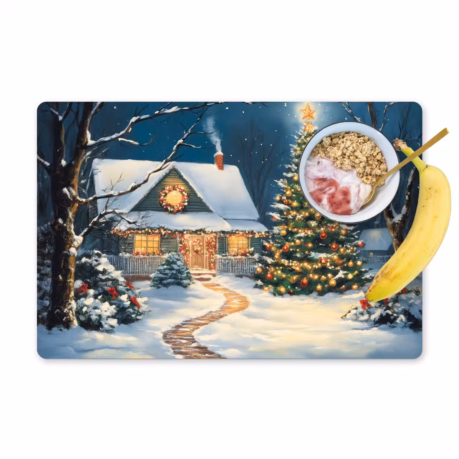 Kerst - Kerstboom - Winter - Huis - Sneeuw Placemat vinyl groot -zzzproduct_Kitchenyeah-website