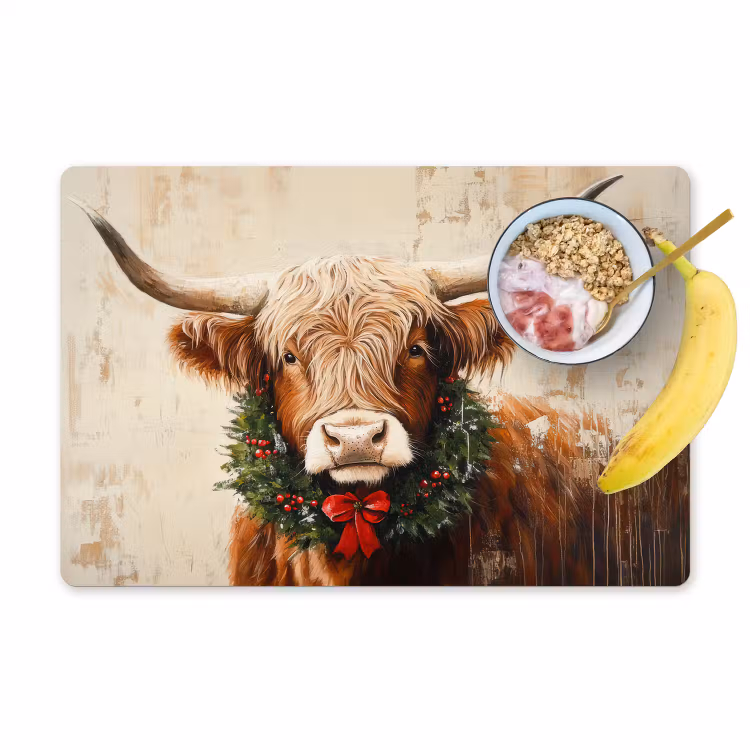 Kerst - Schotse Hooglander - Bruin - Krans Placemat vinyl groot -zzzproduct_Kitchenyeah-website