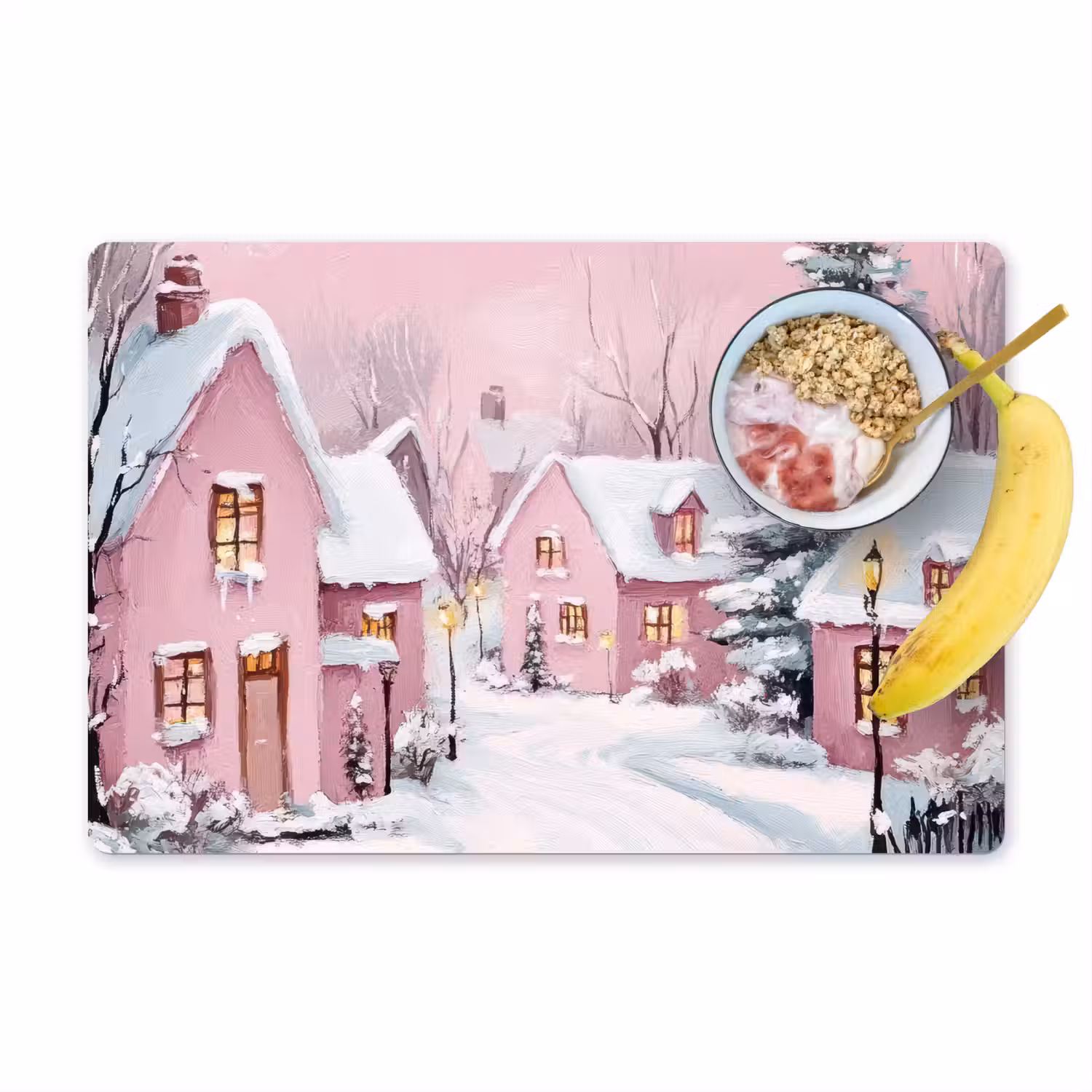 Kerstdorp - Roze - Winter - Sneeuw - Huizen Placemat vinyl groot -zzzproduct_Kitchenyeah-website