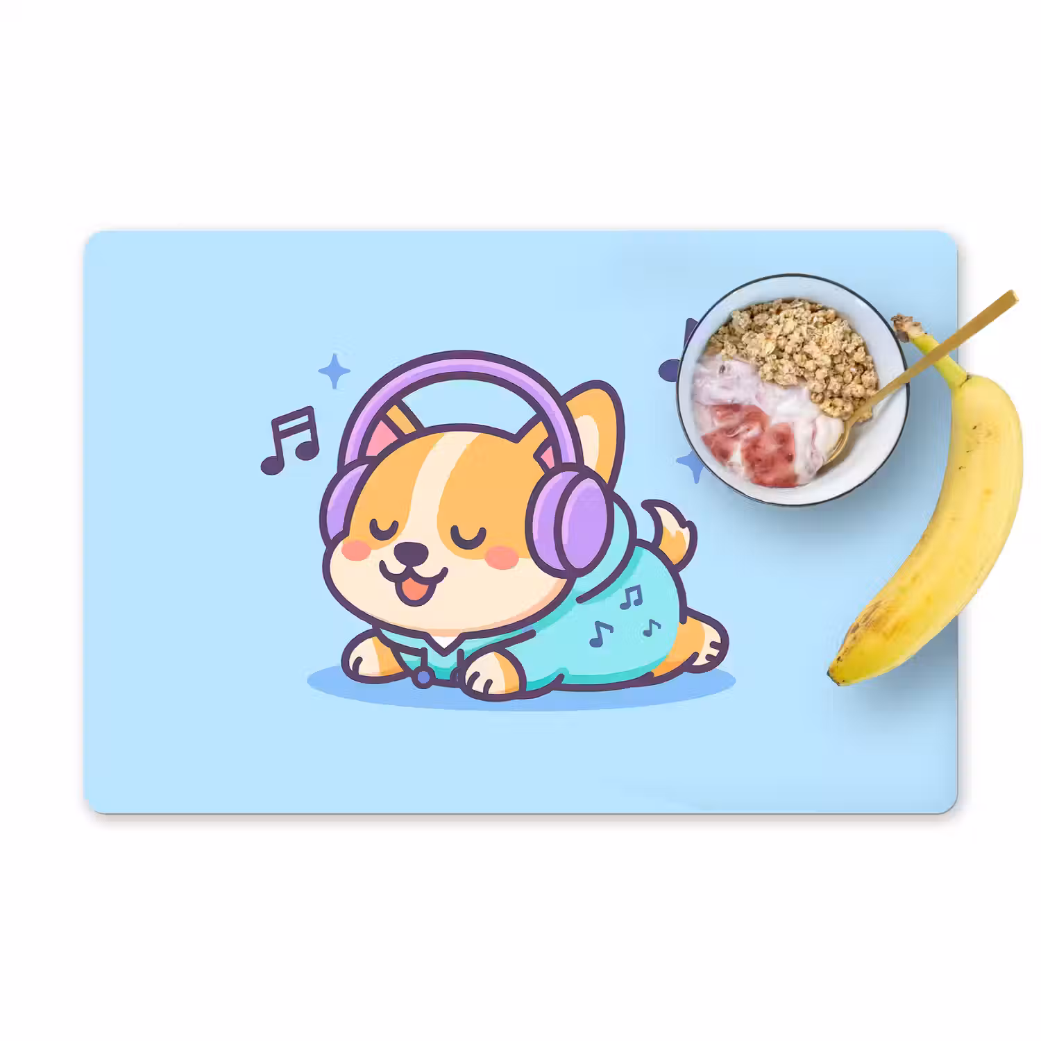 Corgi - Koptelefoon - Blauw - Muzieknoten Placemat vinyl groot -zzzproduct_Kitchenyeah-website