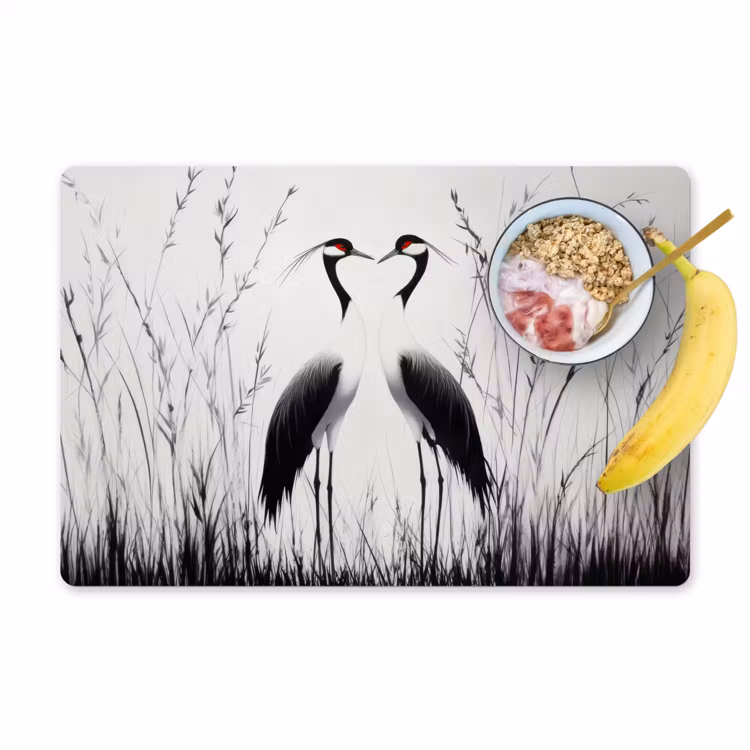 Kraanvogels - Gras - Hartvorm - Zwart Placemat vinyl groot -zzzproduct_Kitchenyeah-website