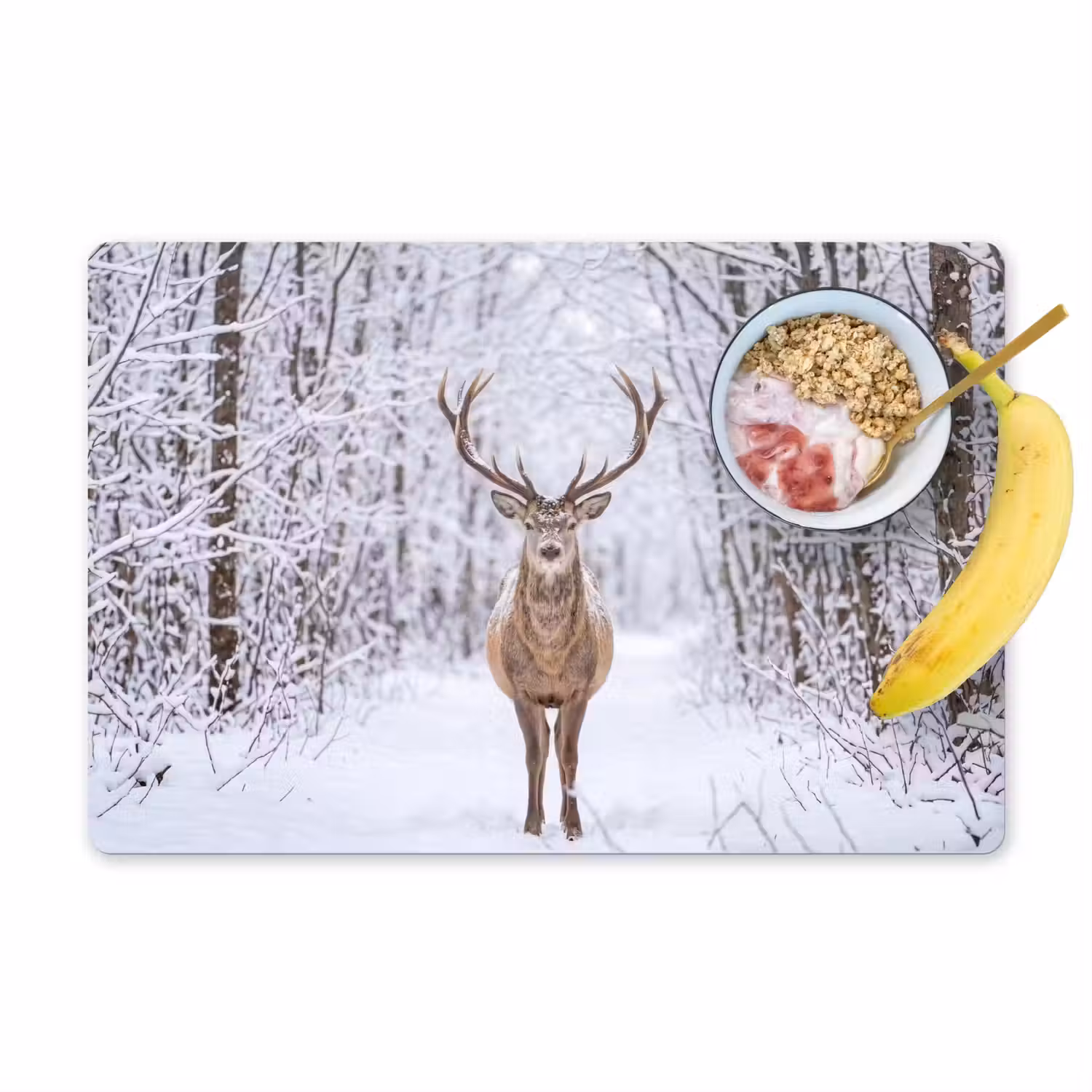 Hert - Winter - Bos - Natuur - Wit Placemat vinyl groot -zzzproduct_Kitchenyeah-website