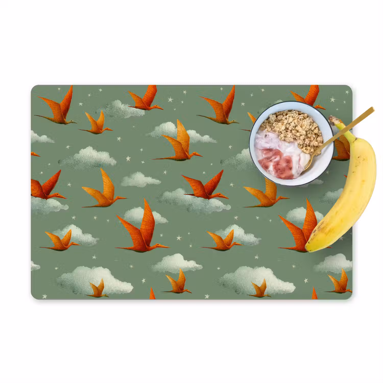 Dinosaurussen - Wolken - Sterren - Oranje Placemat vinyl groot -zzzproduct_Kitchenyeah-website