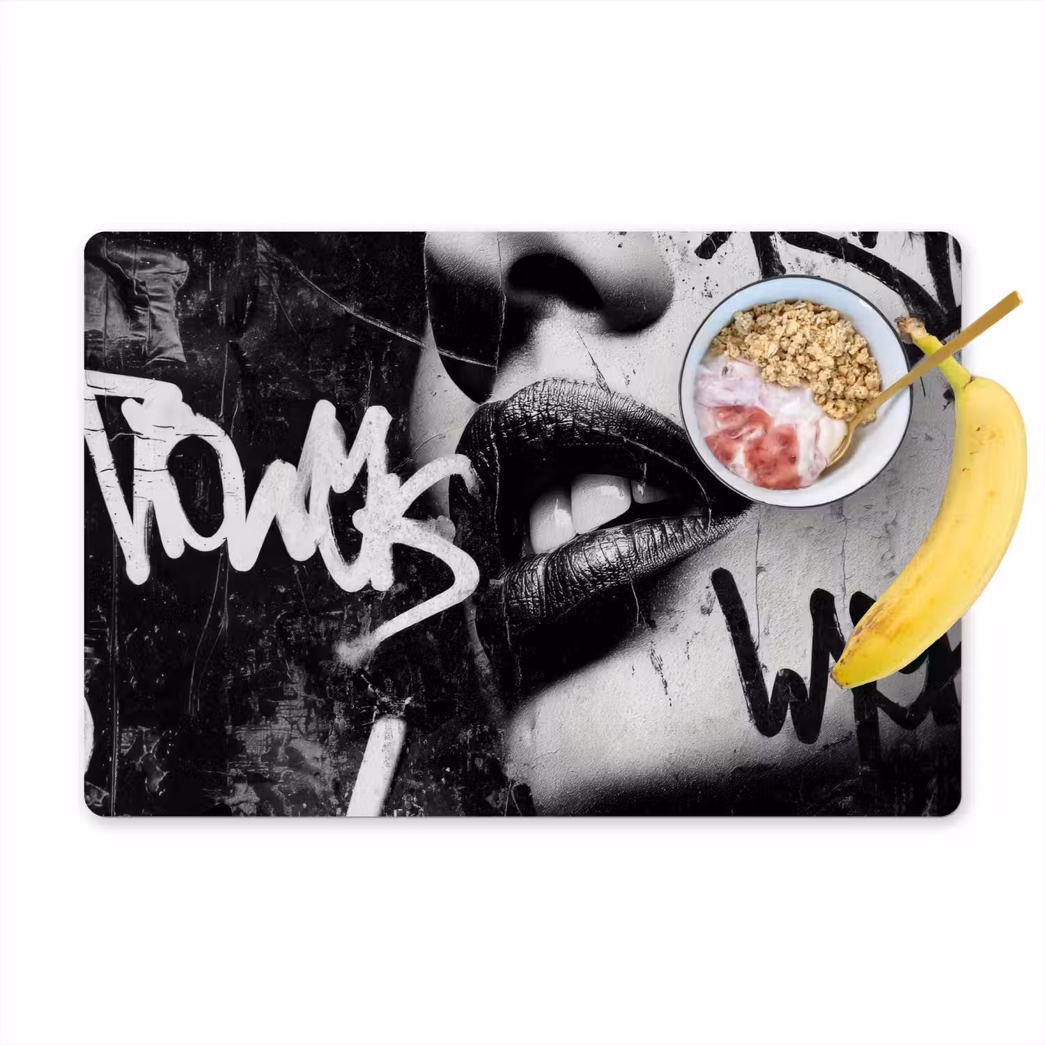 Gezicht - Mond - Graffiti - Zwart Placemat vinyl groot -zzzproduct_Kitchenyeah-website