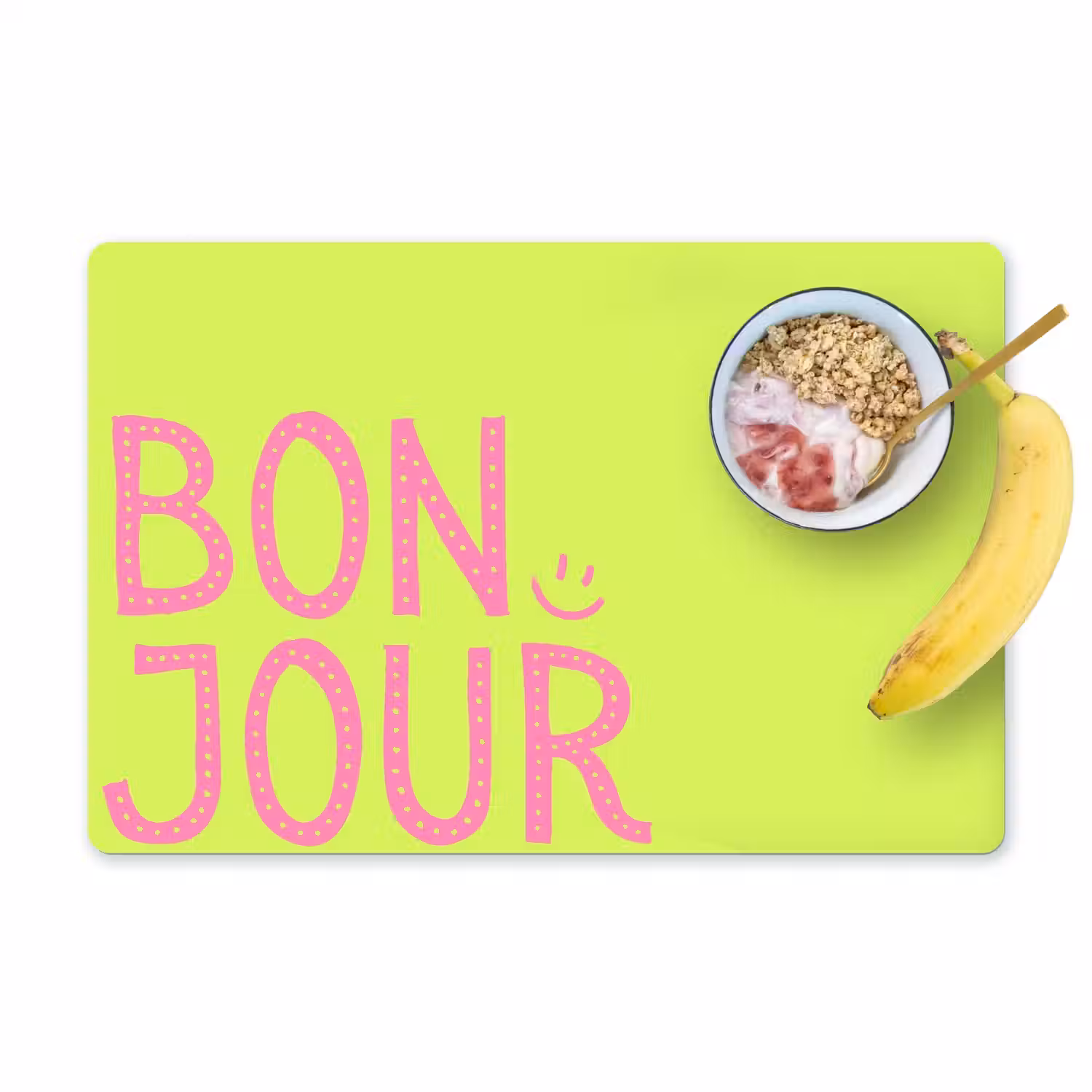 Groen - Smiley - Bonjour - Roze Placemat vinyl groot -zzzproduct_Kitchenyeah-website