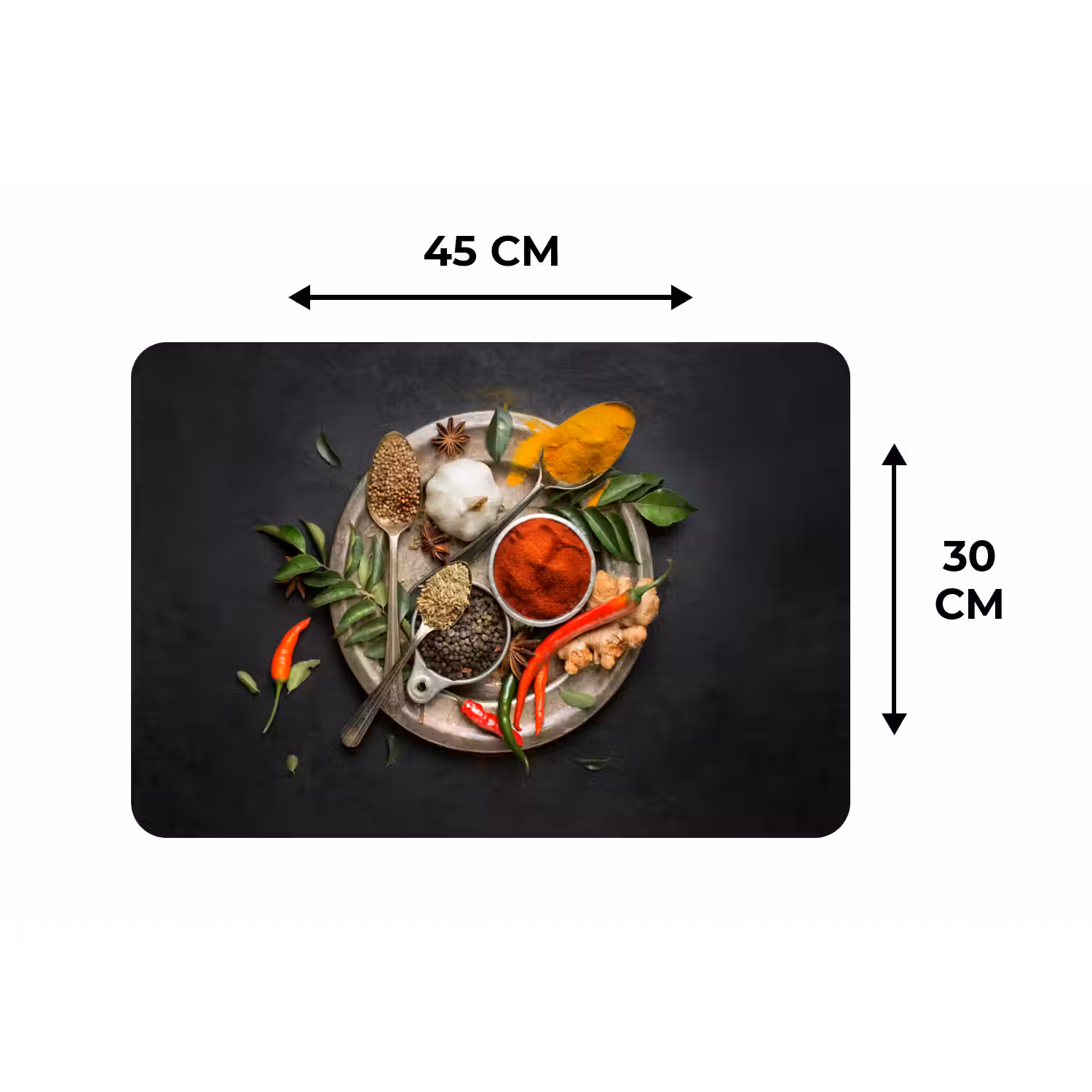 Kruiden - Bord - Peper - Zwart - Lepels - Zilver Placemat vinyl groot -specs