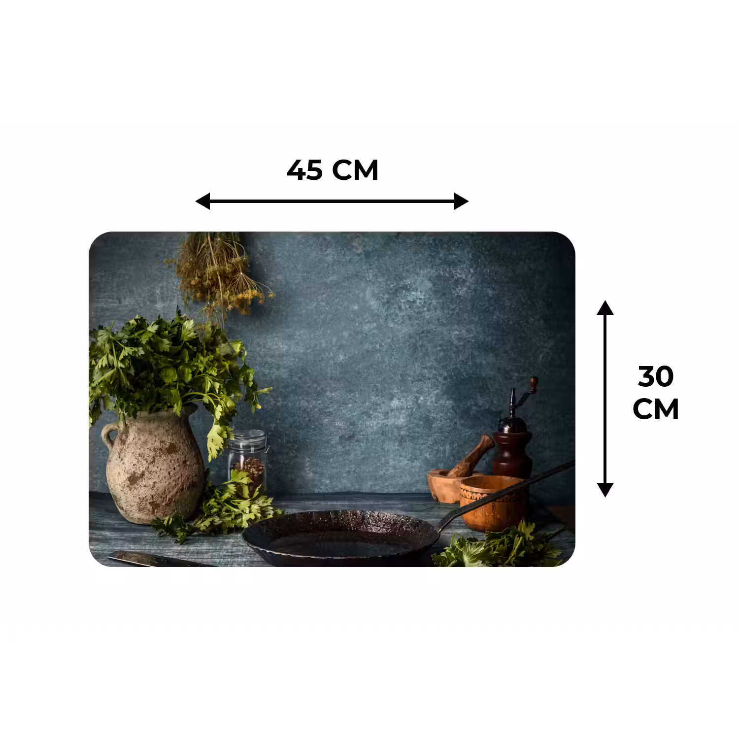 Kruiden - Specerijen - Pan - Mes - Grijs - Rustiek Placemat vinyl groot -specs