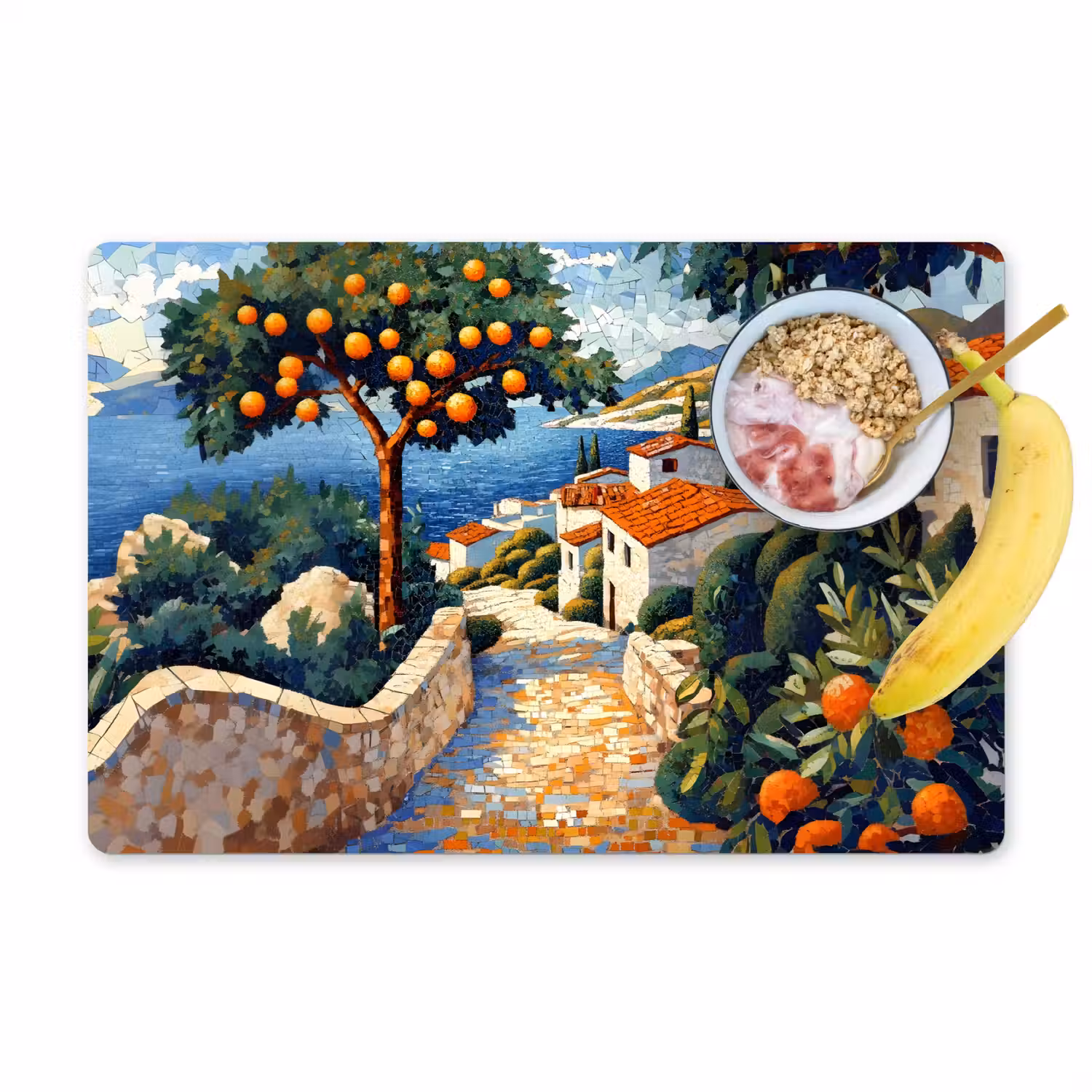 Huizen - Mozaïek - Sinaasappelbomen - Zee Placemat vinyl groot -zzzproduct_Kitchenyeah-website
