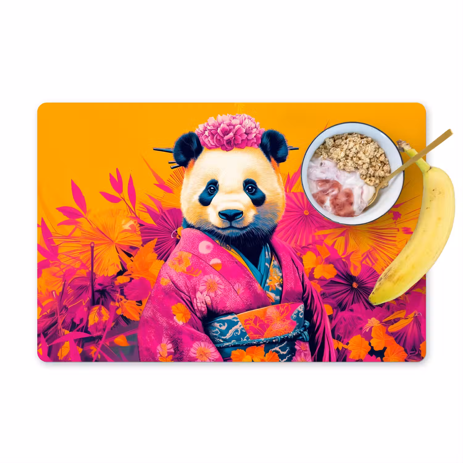 Kimono - Roze - Panda - Bloemenkroon Placemat vinyl groot -zzzproduct_Kitchenyeah-website