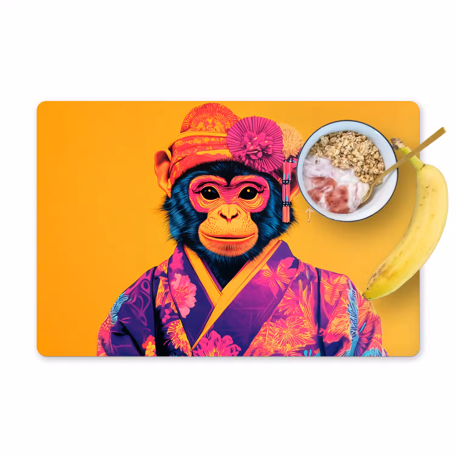 Aap - Kimono - Bloemen - Hoofdtooi Placemat vinyl groot -zzzproduct_Kitchenyeah-website