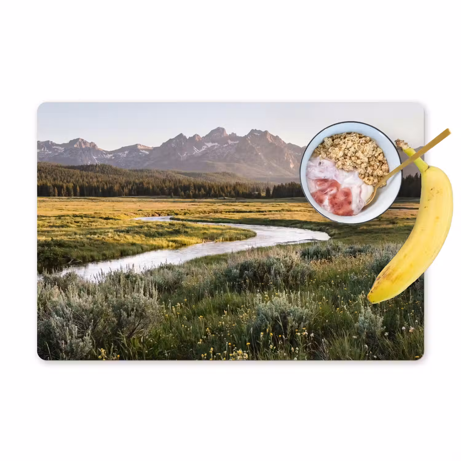 Berglandschap - Rivier - Bos Placemat vinyl groot -zzzproduct_Kitchenyeah-website