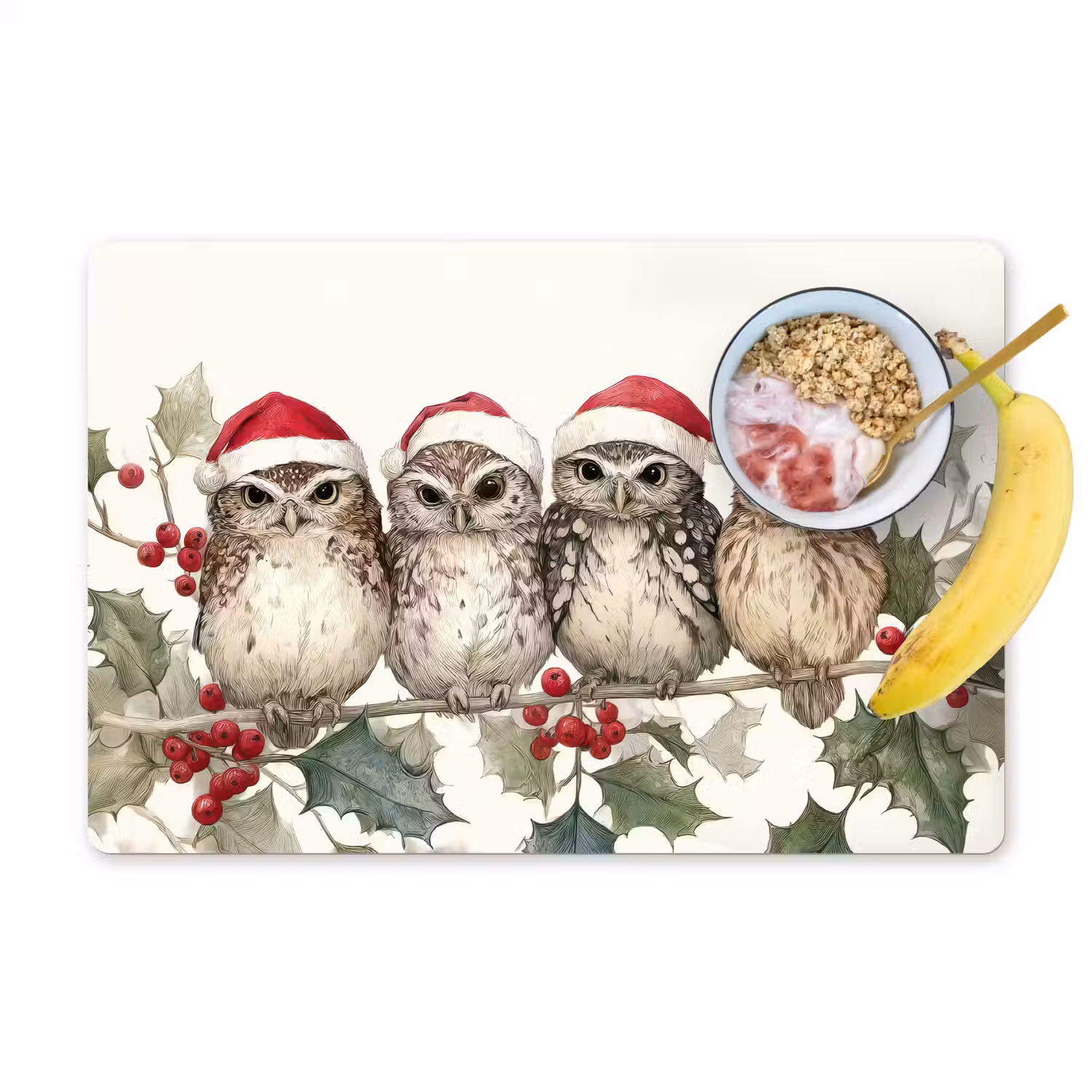 Uilen - Tak - Hulstblaadjes - Kerstmuts Placemat vinyl groot -zzzproduct_Kitchenyeah-website