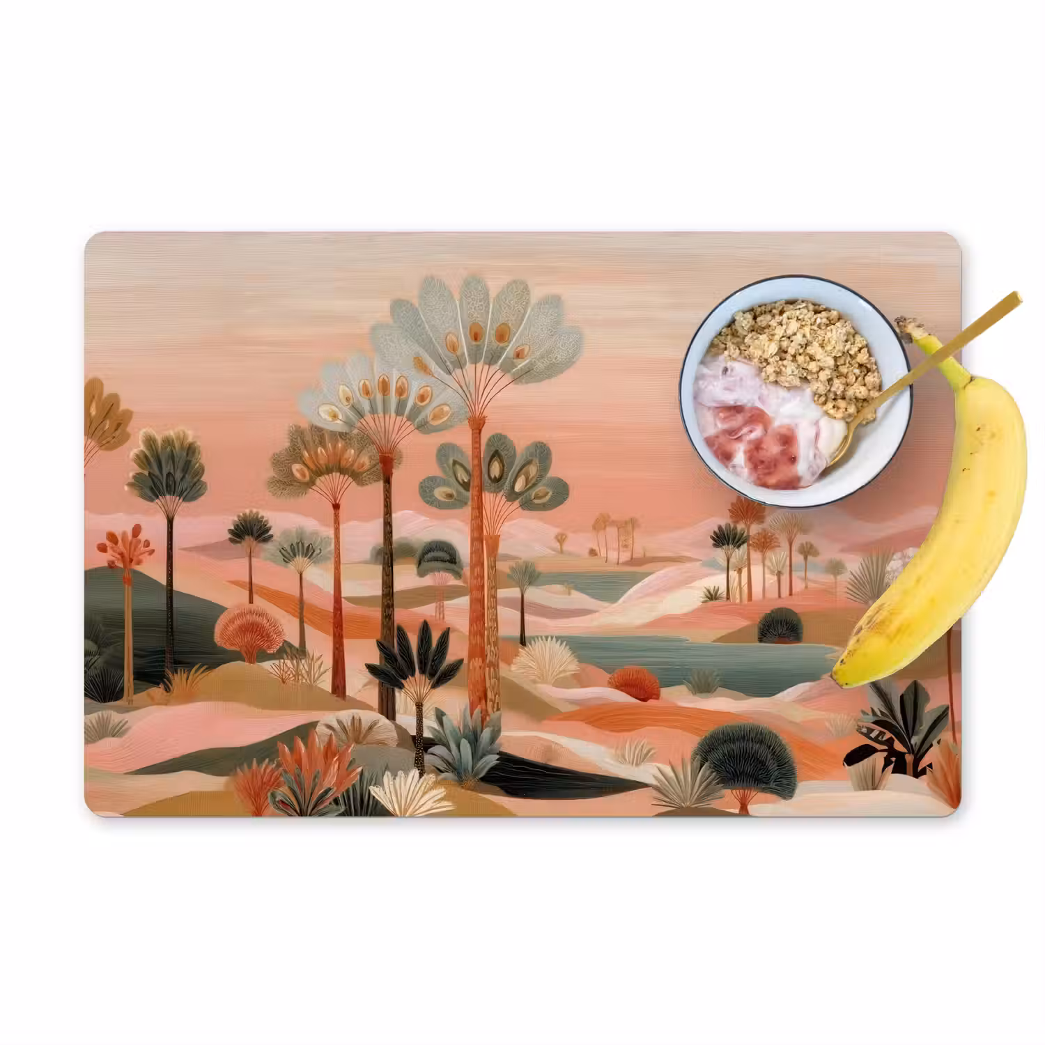 Roze landschap - Palmen - Water Placemat vinyl groot -zzzproduct_Kitchenyeah-website