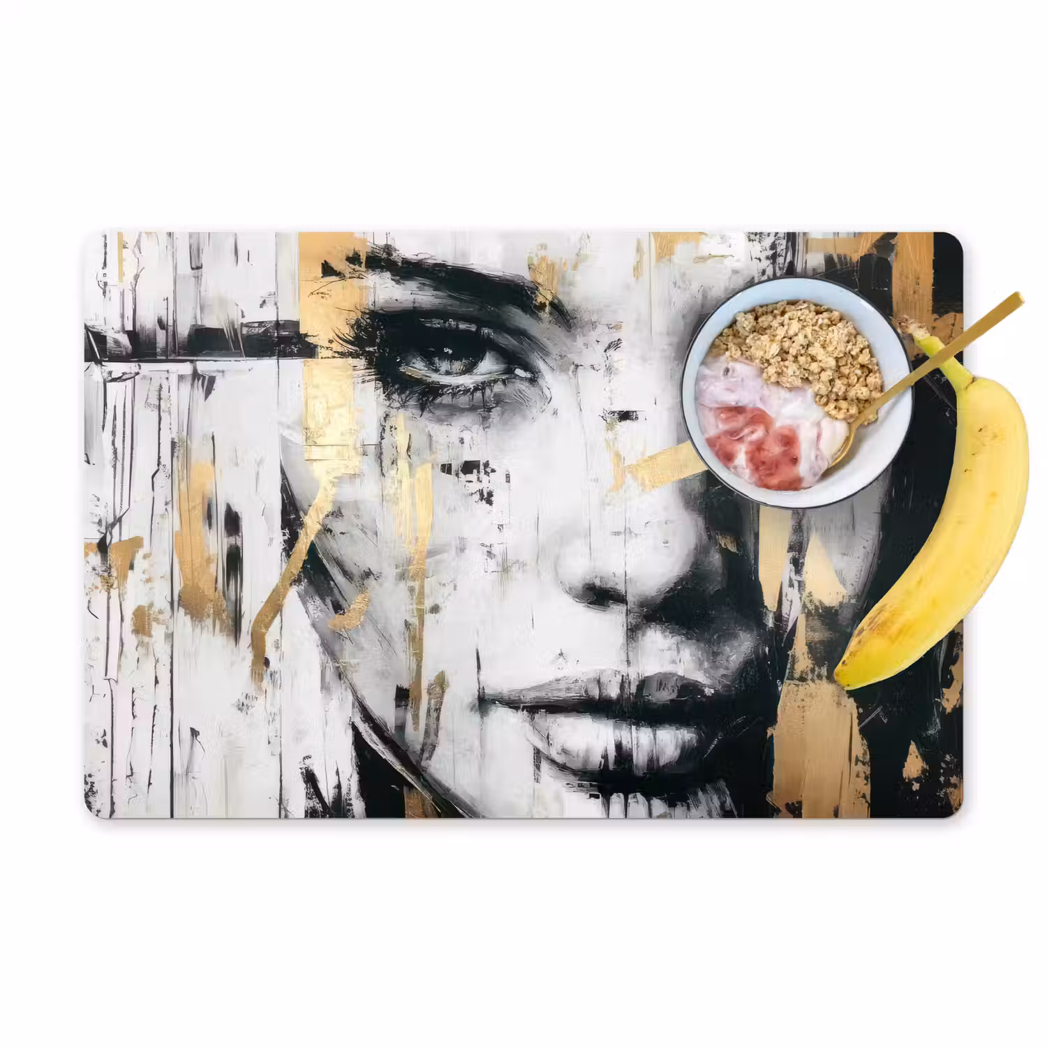 Portret - Vrouw - Penseelstreken - Goud Placemat vinyl groot -zzzproduct_Kitchenyeah-website