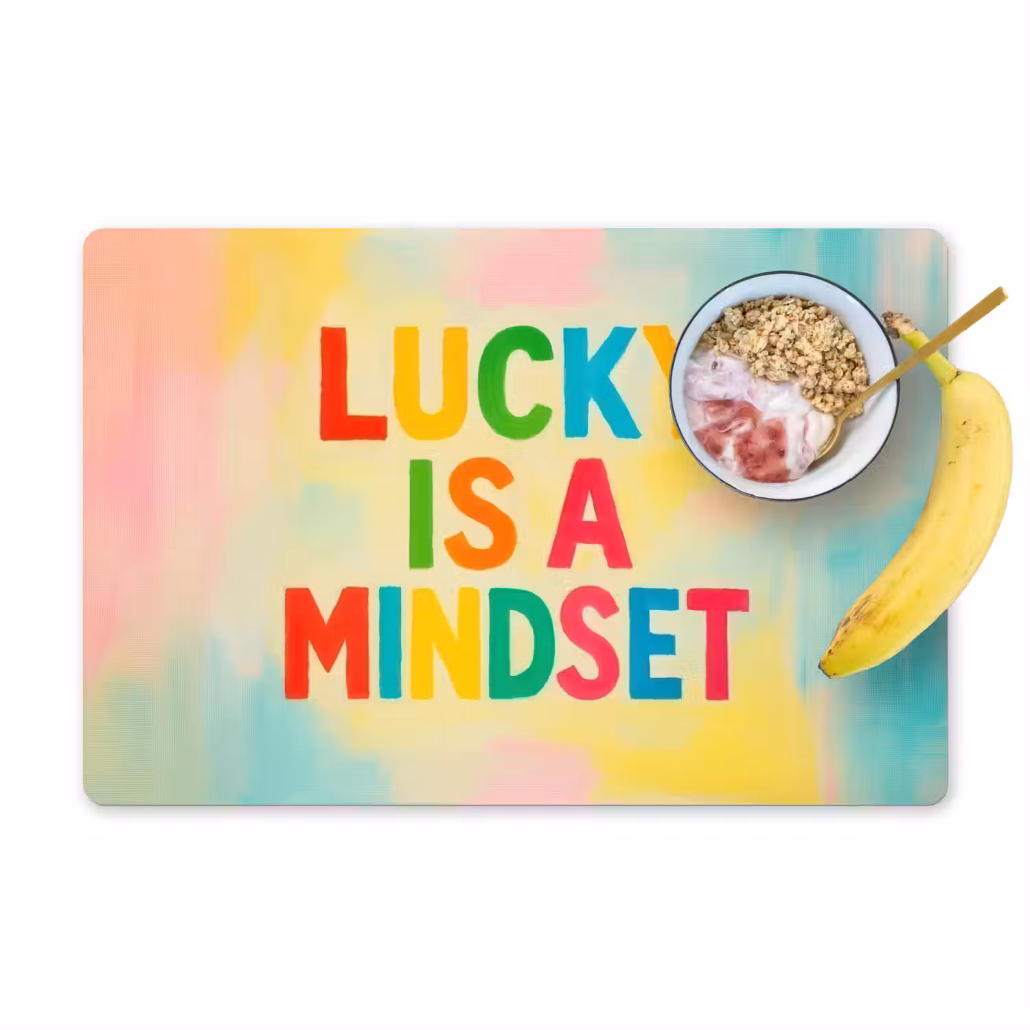 Quote - Lucky - Regenboogkleuren Placemat vinyl groot -zzzproduct_Kitchenyeah-website
