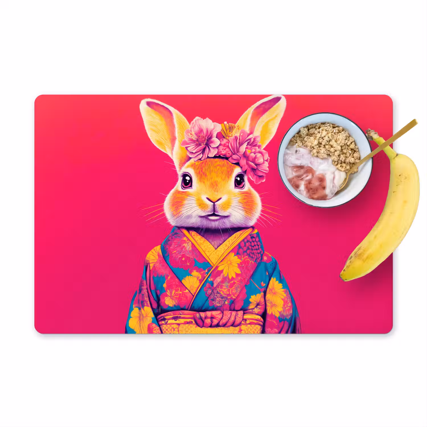 Konijn - Bloemen - Kleurrijk - Kimono Placemat vinyl groot -zzzproduct_Kitchenyeah-website