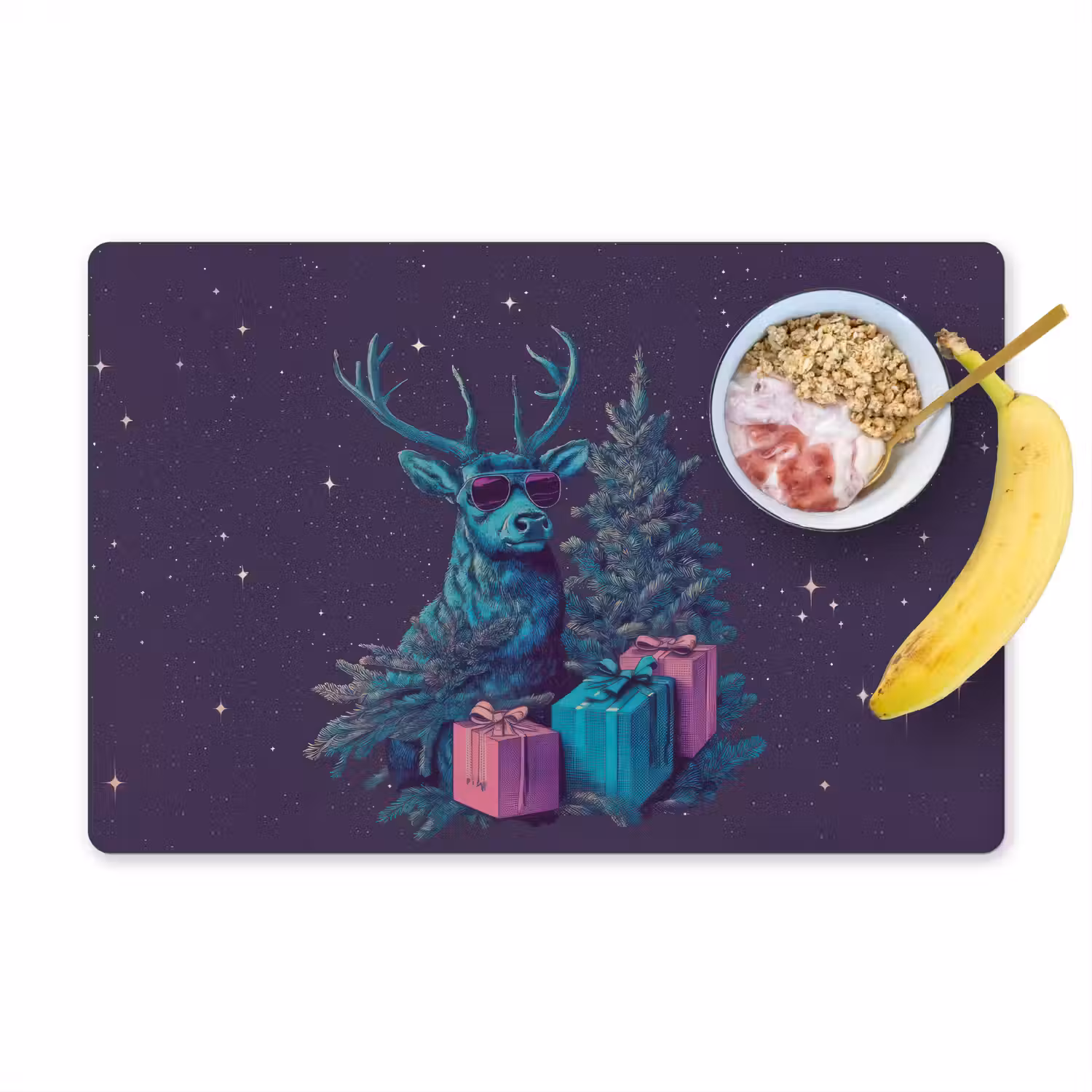 Rendier - Zonnebril - Neon - Kerstboom Placemat vinyl groot -zzzproduct_Kitchenyeah-website