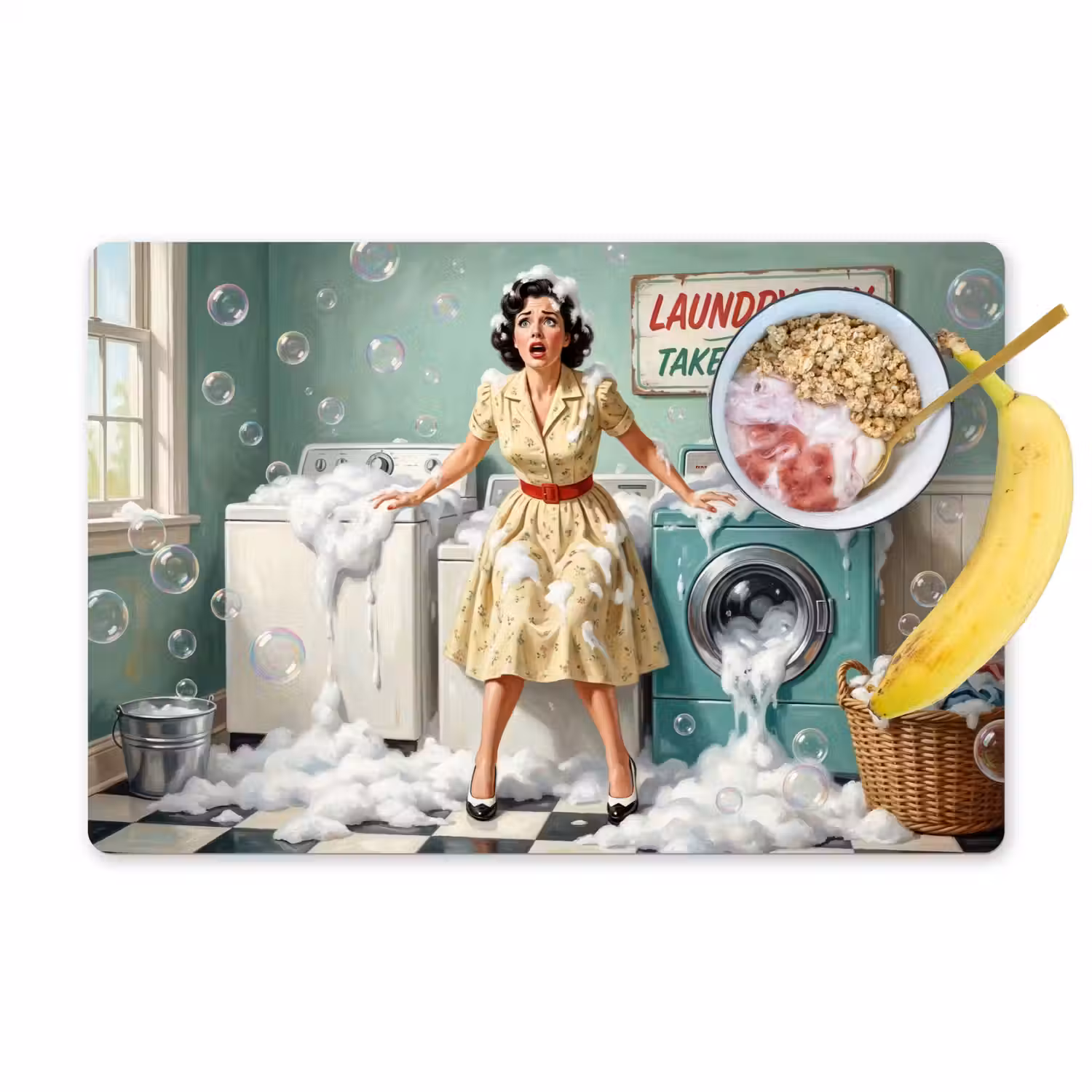 Retro - Blauw - Vrouw Placemat vinyl groot -zzzproduct_Kitchenyeah-website