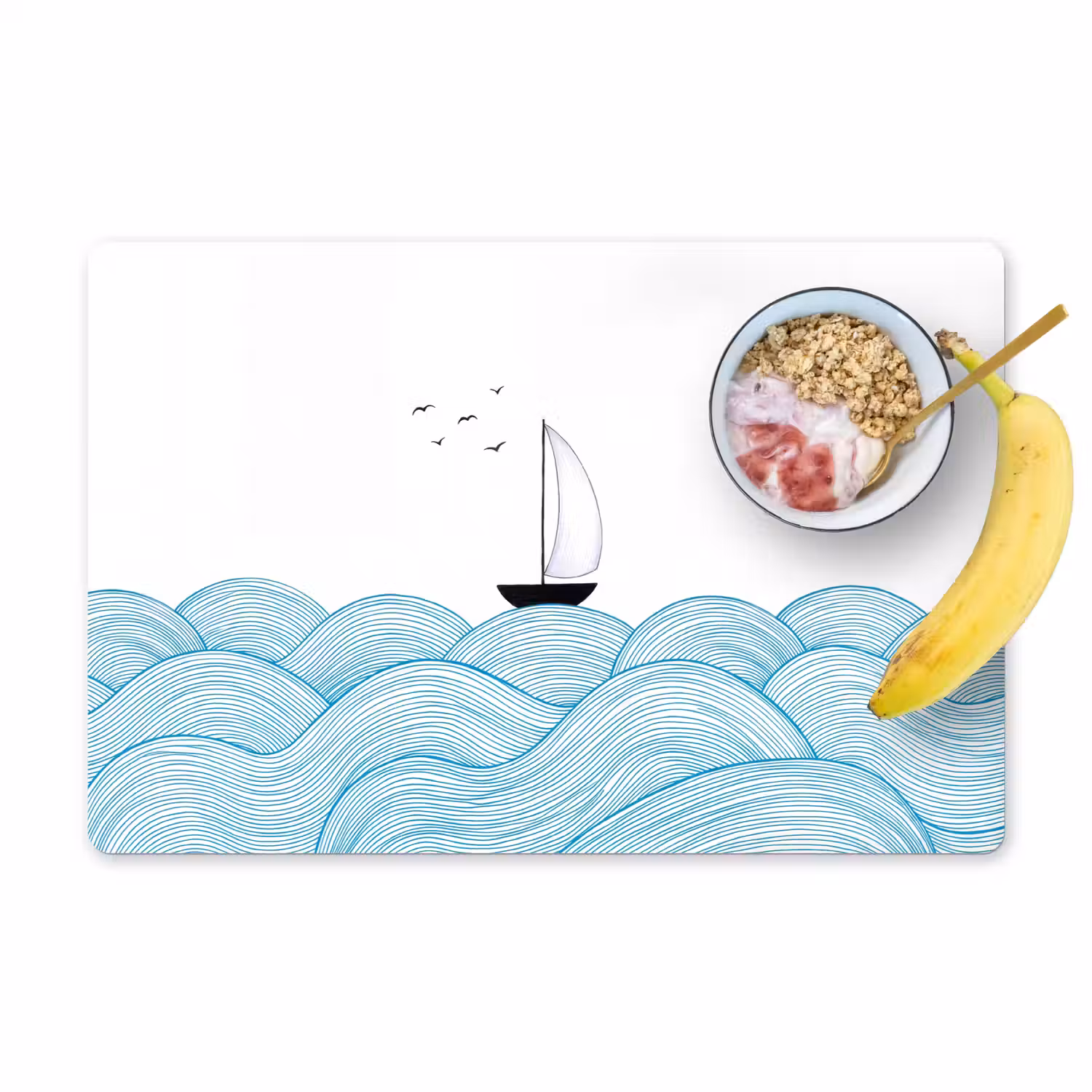 Zeilboot - Golven - Zee - Illustratie - Blauw Placemat vinyl groot -zzzproduct_Kitchenyeah-website