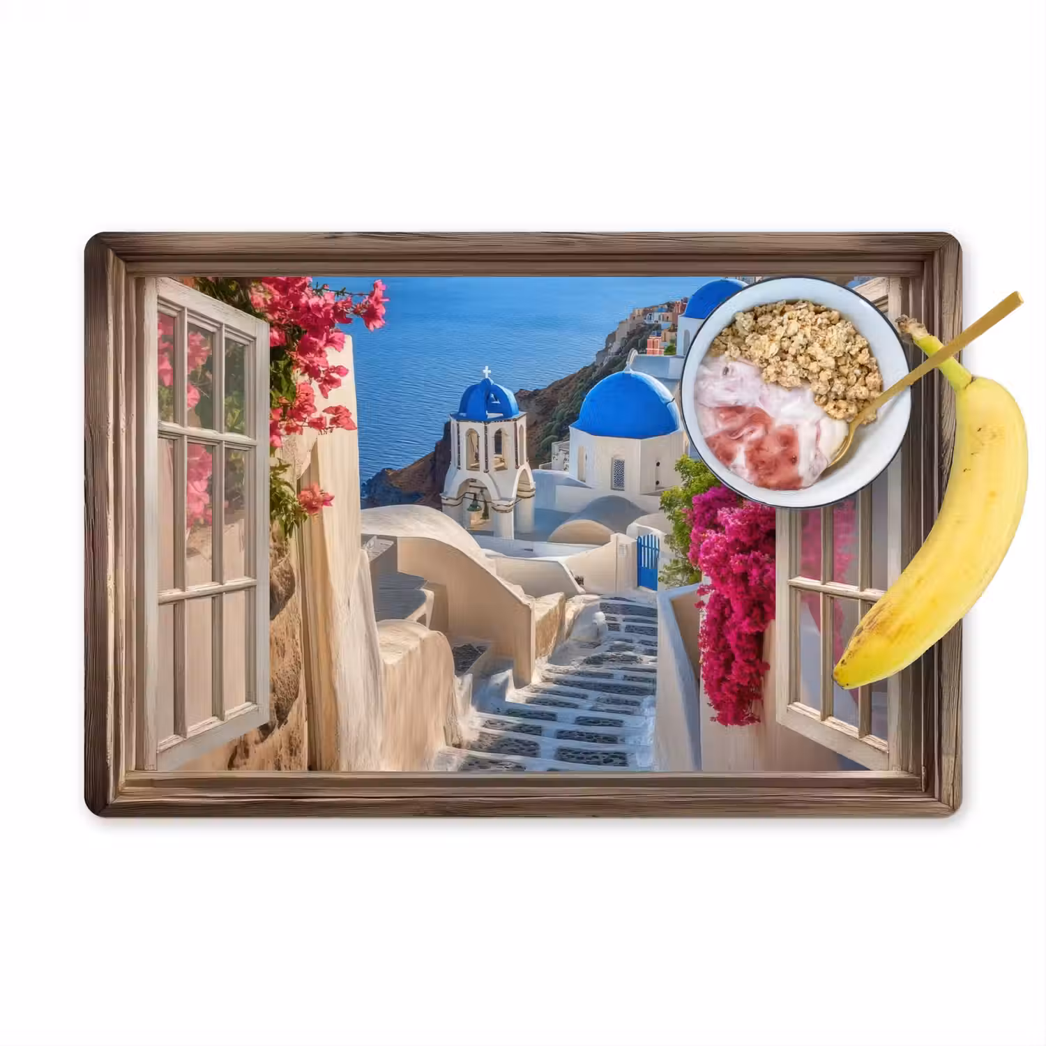 Doorkijk - Santorini - Landschap - Blauw - Grieks Placemat vinyl groot -zzzproduct_Kitchenyeah-website