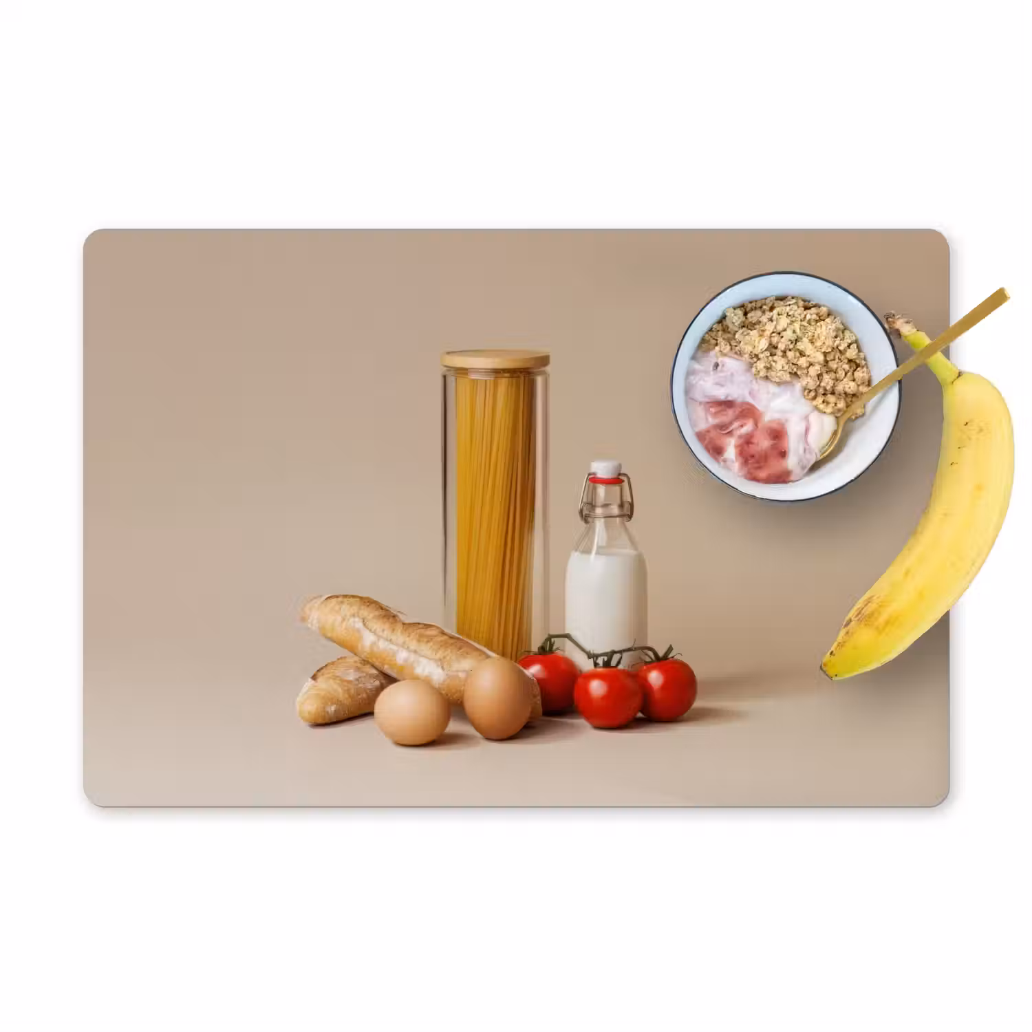 Spaghetti - Melk - Tomaten - Eieren - Brood Placemat vinyl groot -zzzproduct_Kitchenyeah-website