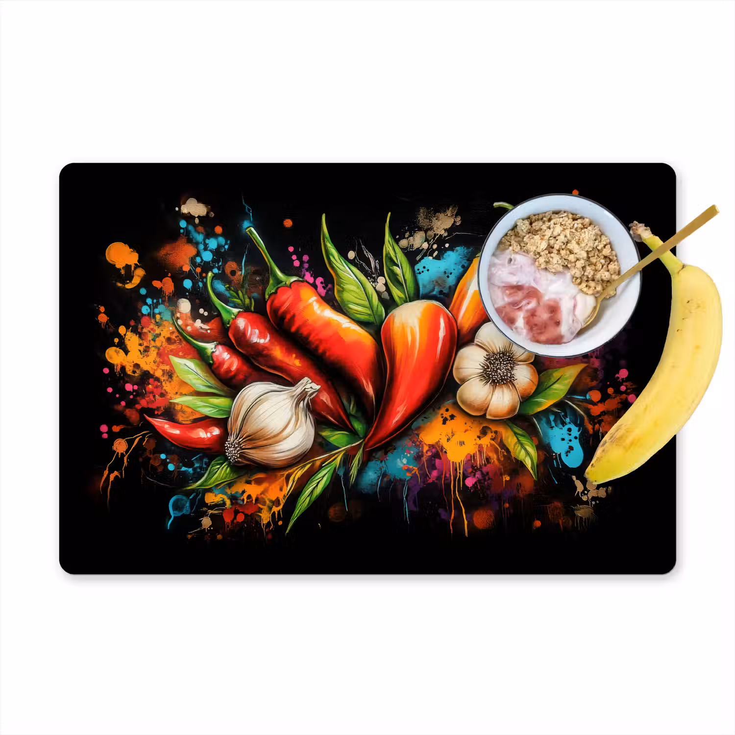 Groente - Peper - Knoflook - Graffiti - Verf - Kleurrijk Placemat vinyl groot -zzzproduct_Kitchenyeah-website