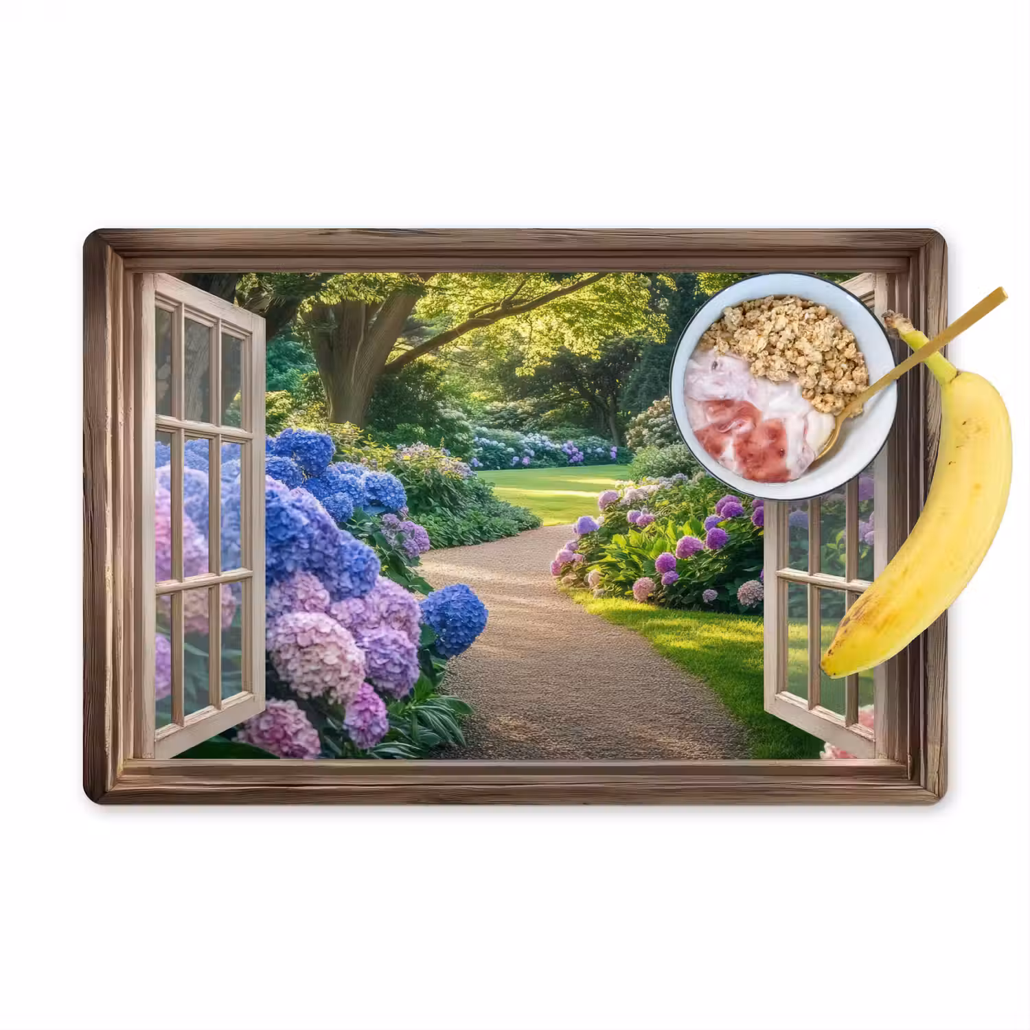Doorkijk - Tuin - Raam - Hortensia - Bloemen Placemat vinyl groot -zzzproduct_Kitchenyeah-website