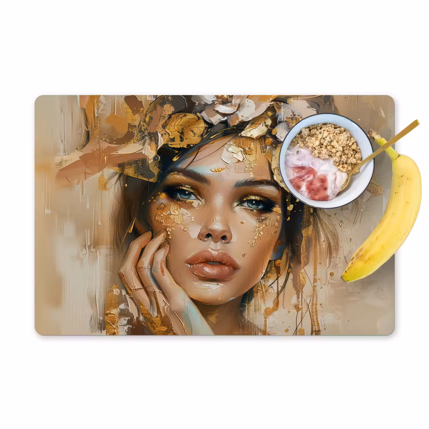 Vrouw - Bloemen - Goud - Portret Placemat vinyl groot -zzzproduct_Kitchenyeah-website