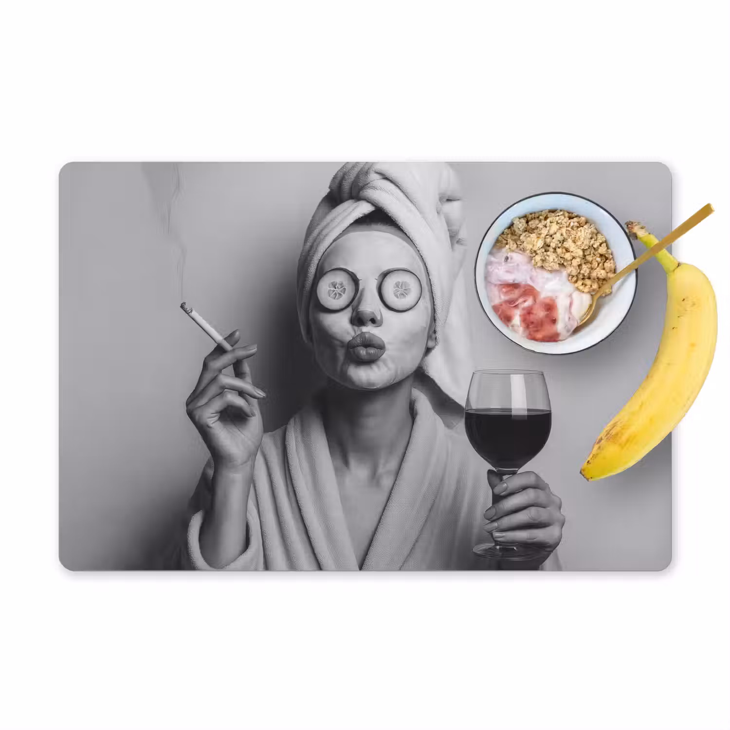 Vrouw - Masker - Wijn - Sigaret Placemat vinyl groot -zzzproduct_Kitchenyeah-website