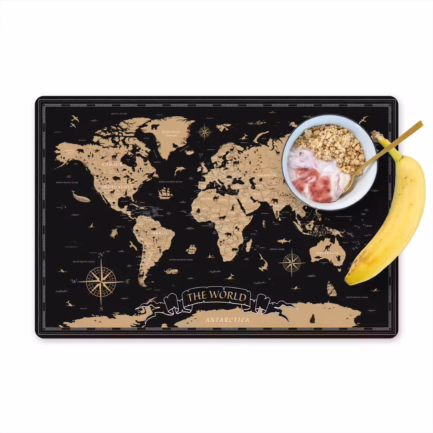 Wereldkaart - Beige - Zwart Placemat vinyl groot -zzzproduct_Kitchenyeah-website
