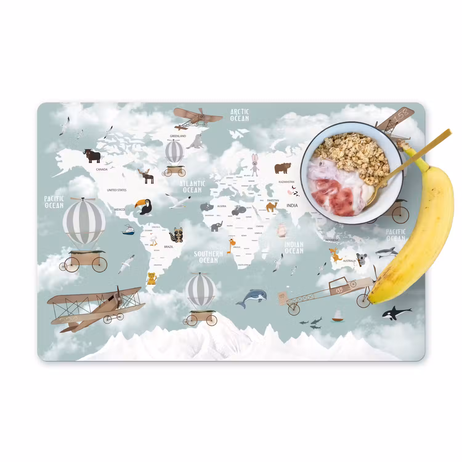 Wereldkaart - Kind - Vliegtuig Placemat vinyl groot -zzzproduct_Kitchenyeah-website