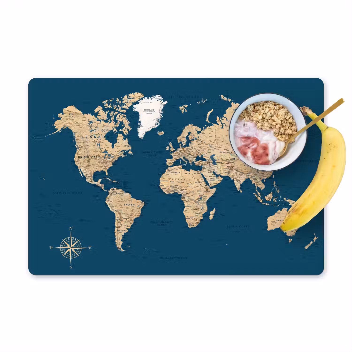Wereldkaart - Donkerblauw - Beige Placemat vinyl groot -zzzproduct_Kitchenyeah-website