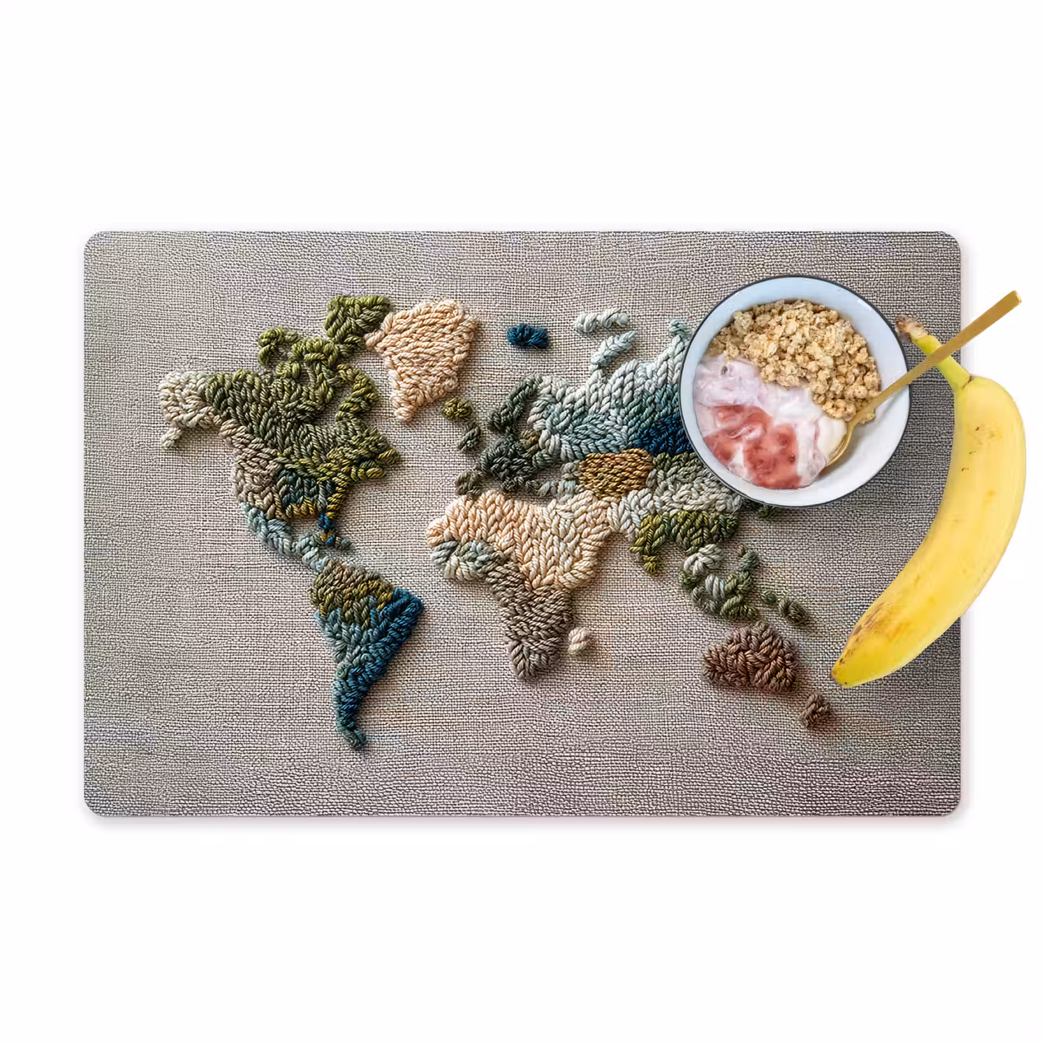Wereldkaart - Geborduurd - Aardetinten Placemat vinyl groot -zzzproduct_Kitchenyeah-website