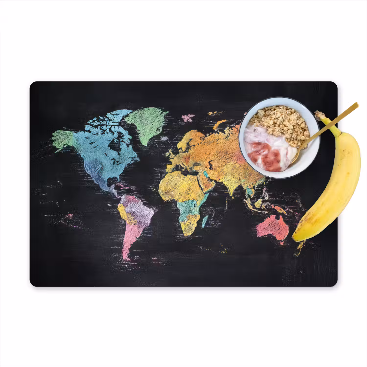 Wereldkaart - Krijtstrepen - Regenboog Placemat vinyl groot -zzzproduct_Kitchenyeah-website