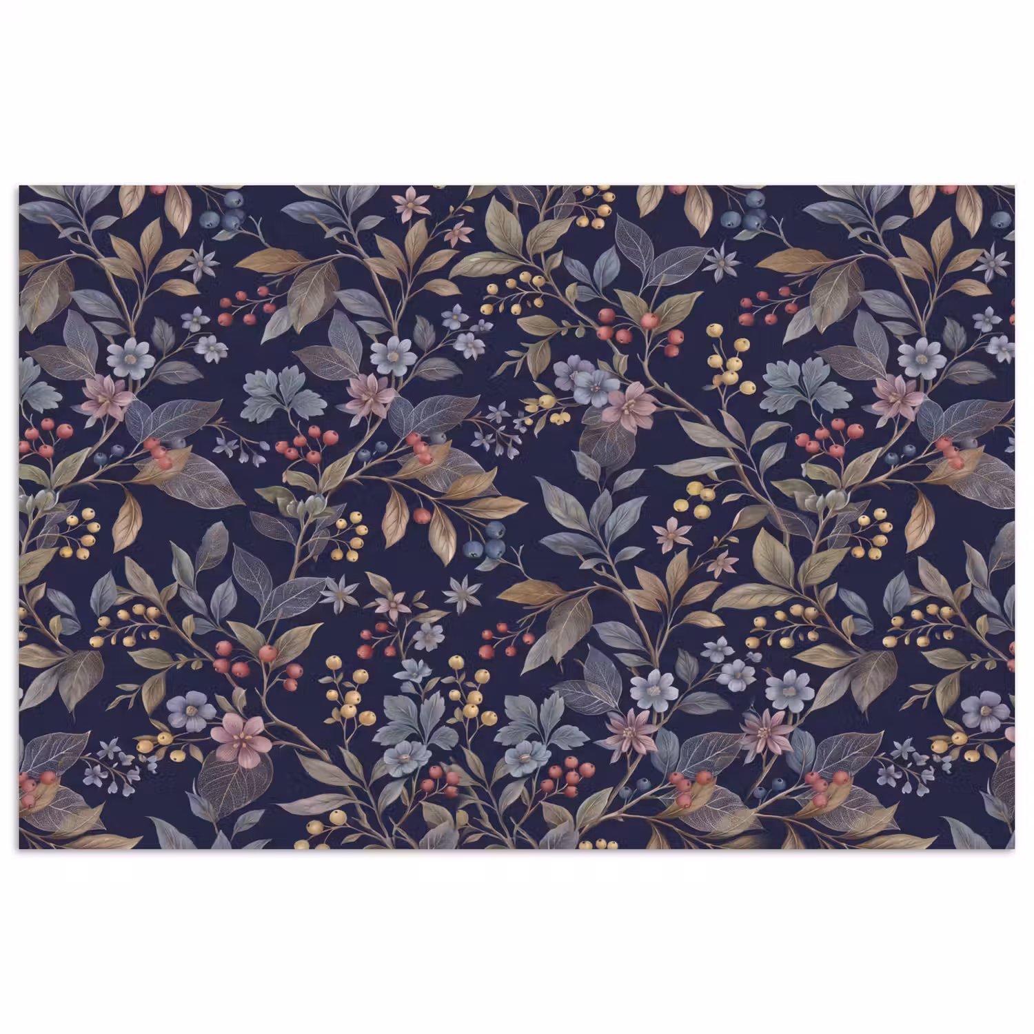 Bloemen - Bladeren - Patroon - Botanisch - Donkerblauw poster papier klein -3d